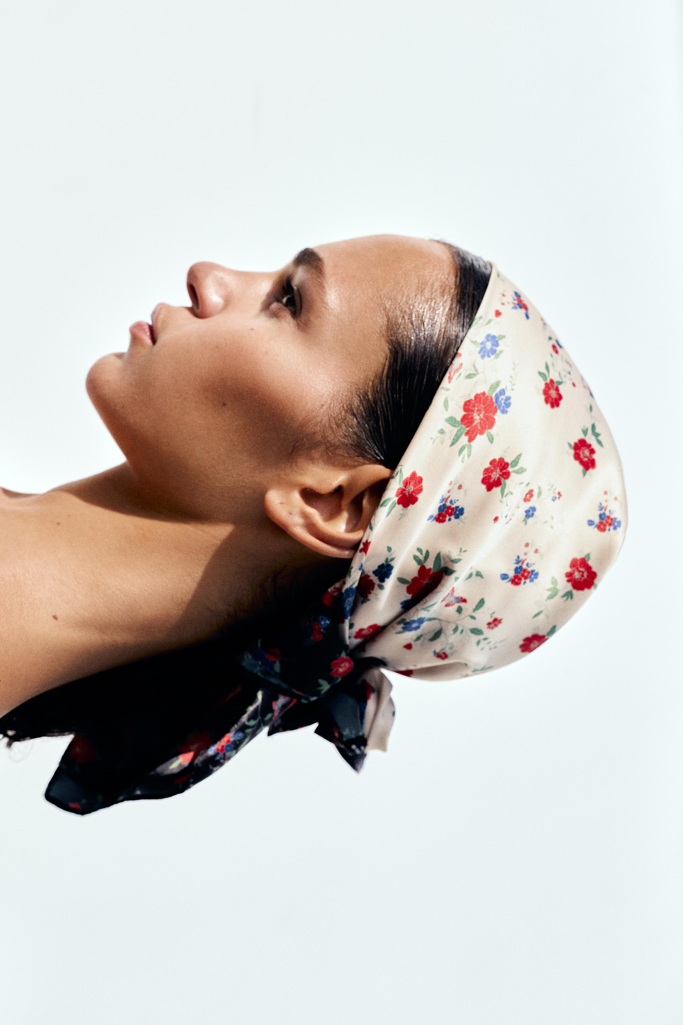 Floral satin scarf — Beige marl
