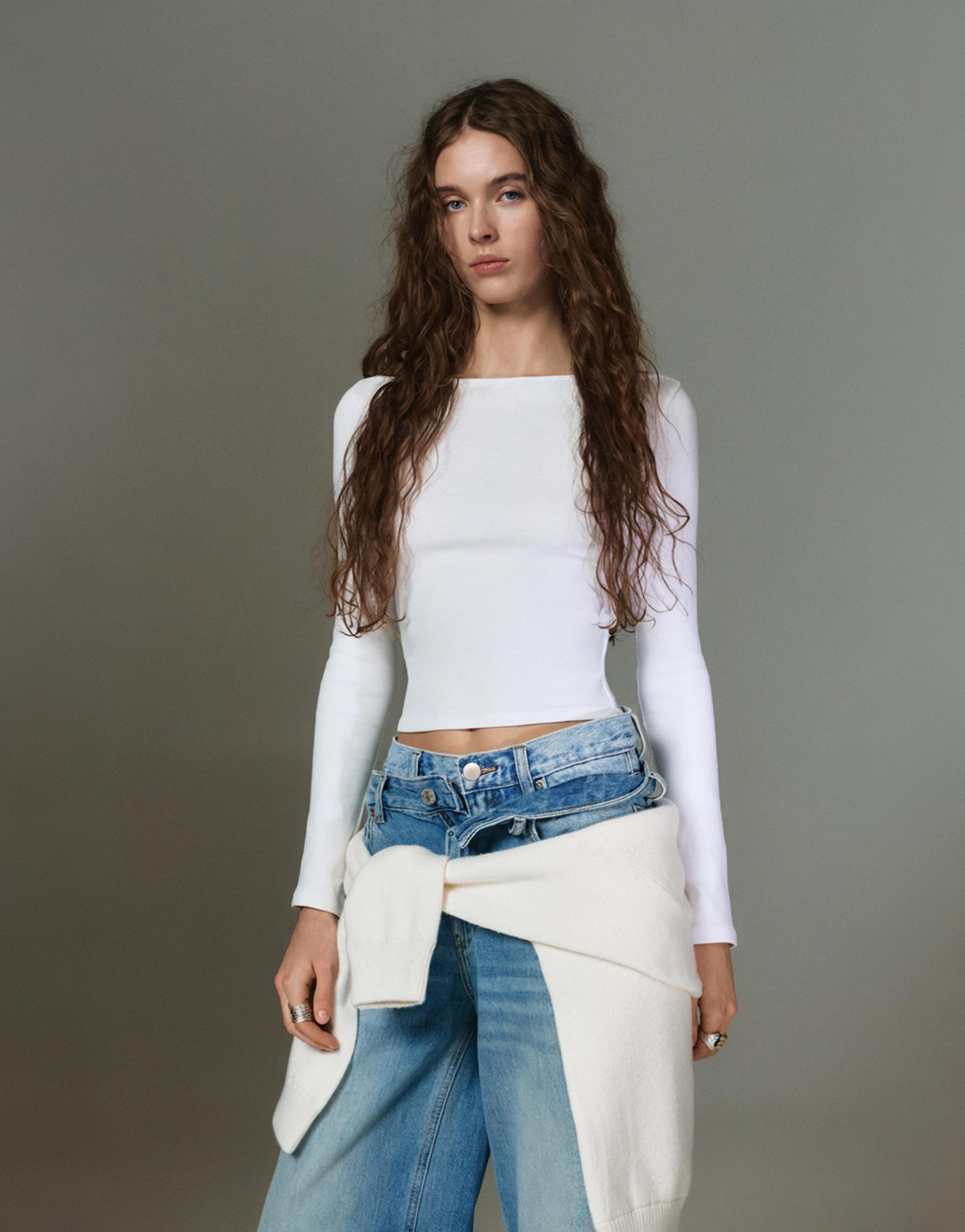Long sleeve boat neck T-shirt — White
