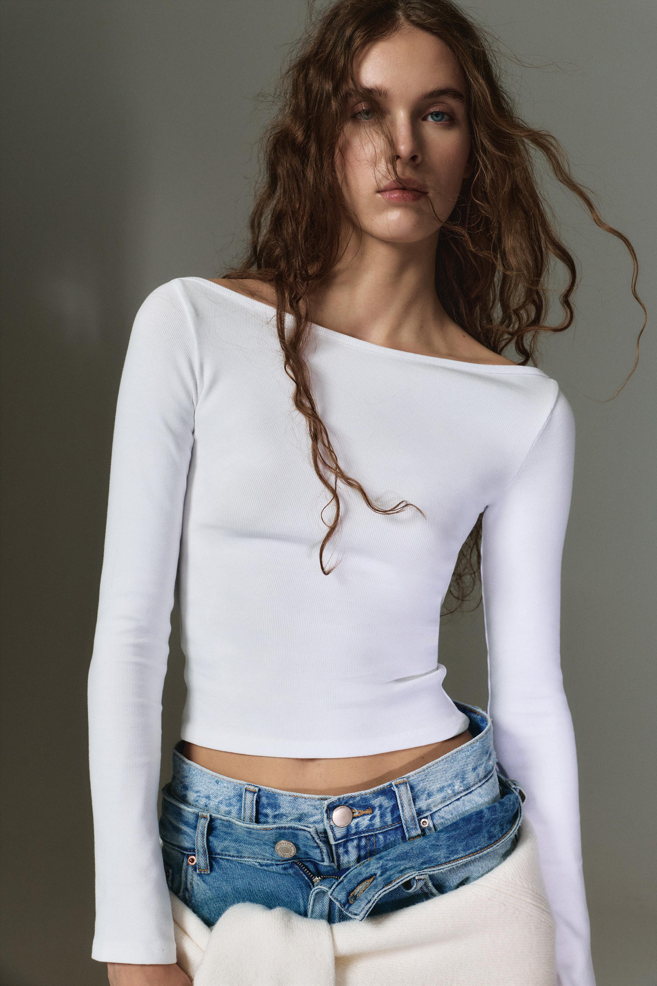 Long sleeve boat neck T-shirt — White