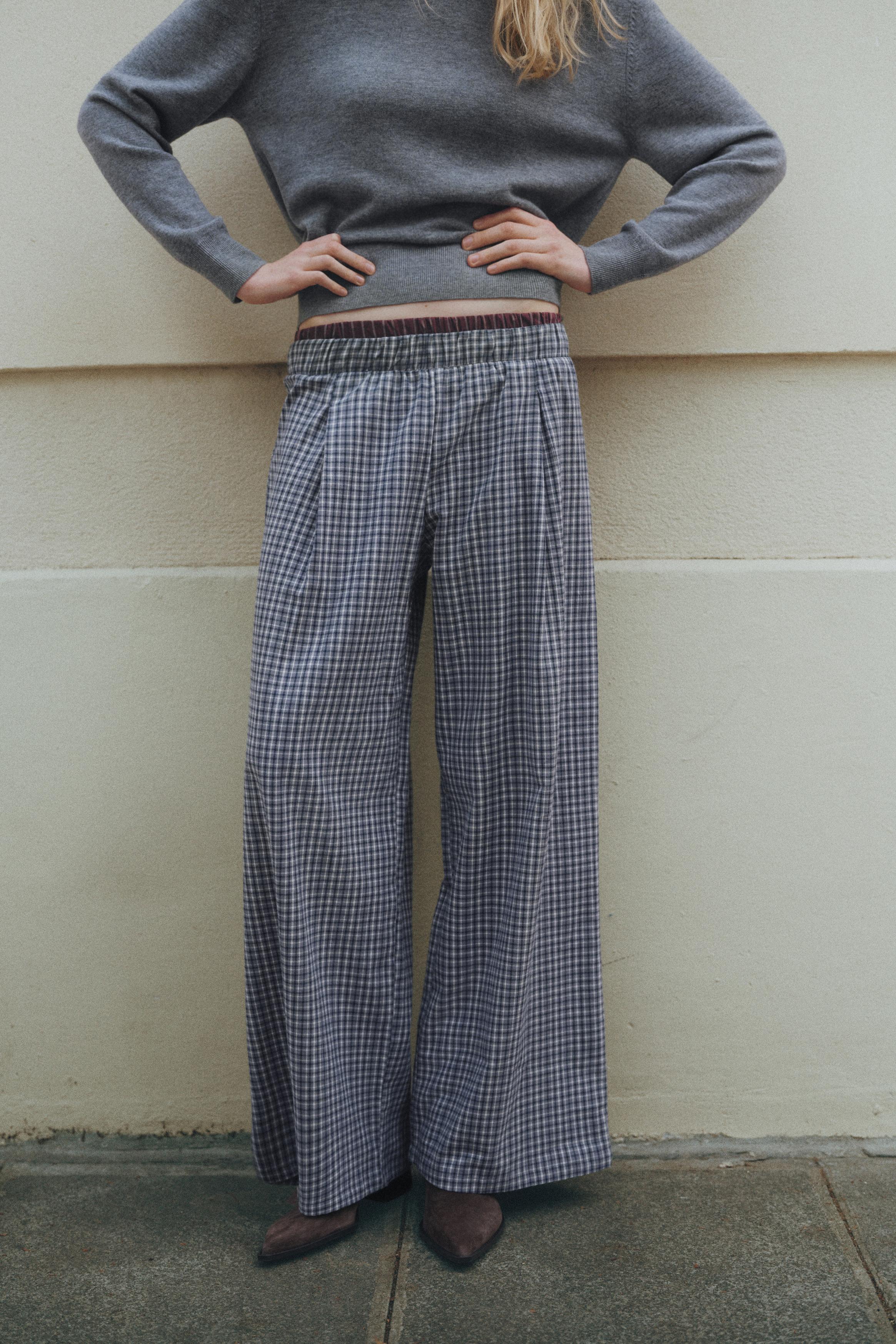 Pantalón fluido cuadros combinado
