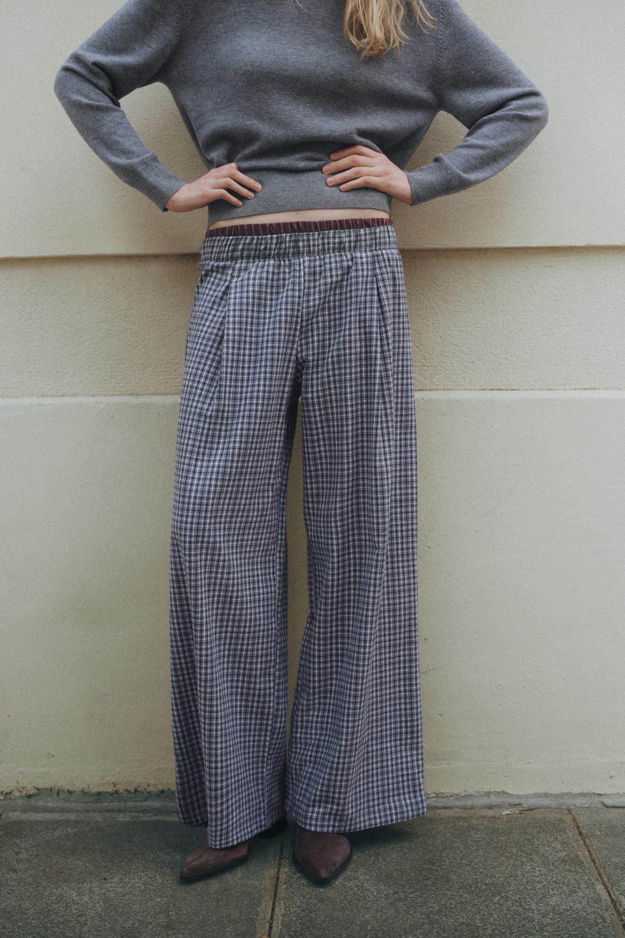 Flowing check trousers with contrast waist — Grey