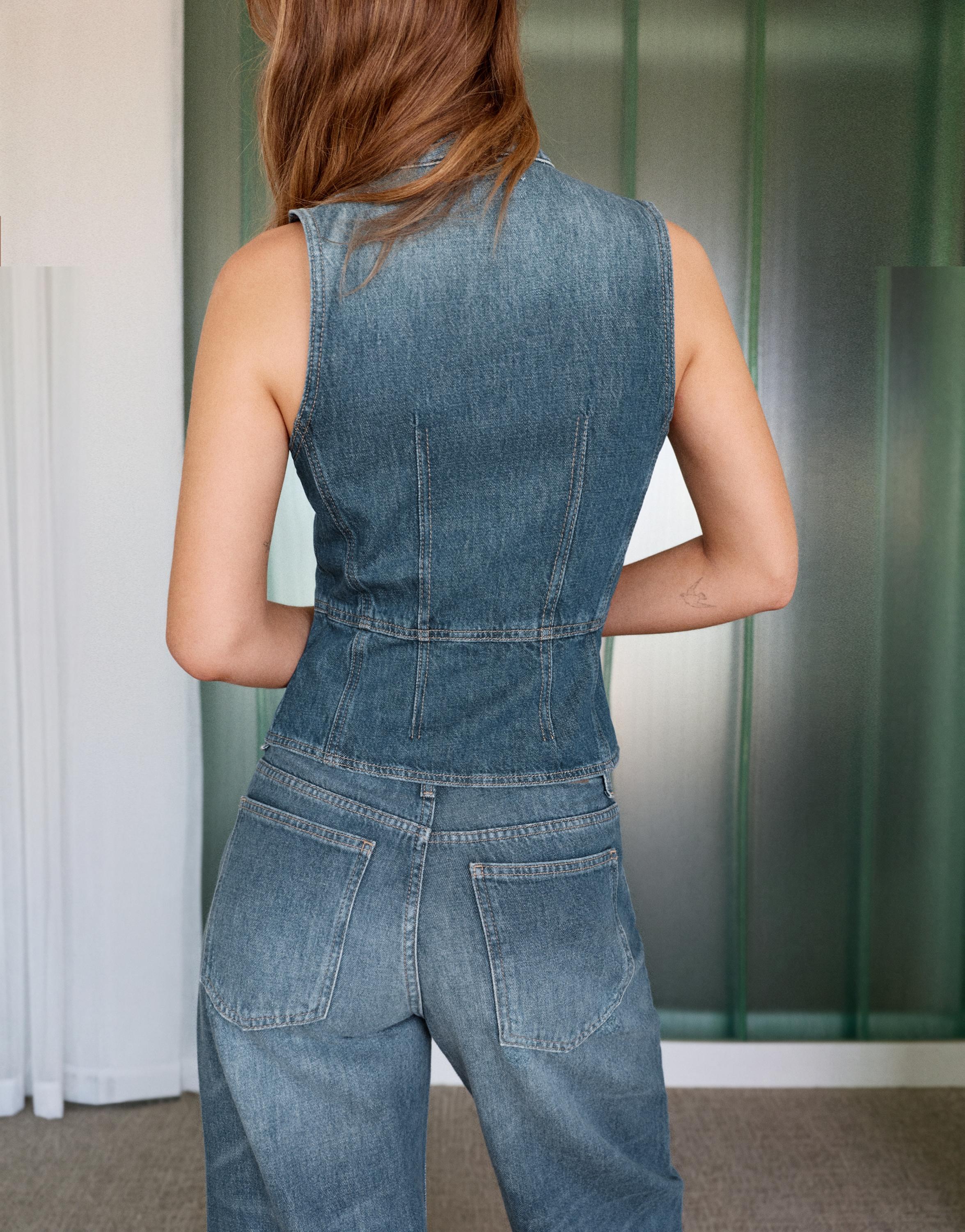 Pull&Bear Halter yaka dikiş detaylı denim top görsel 6