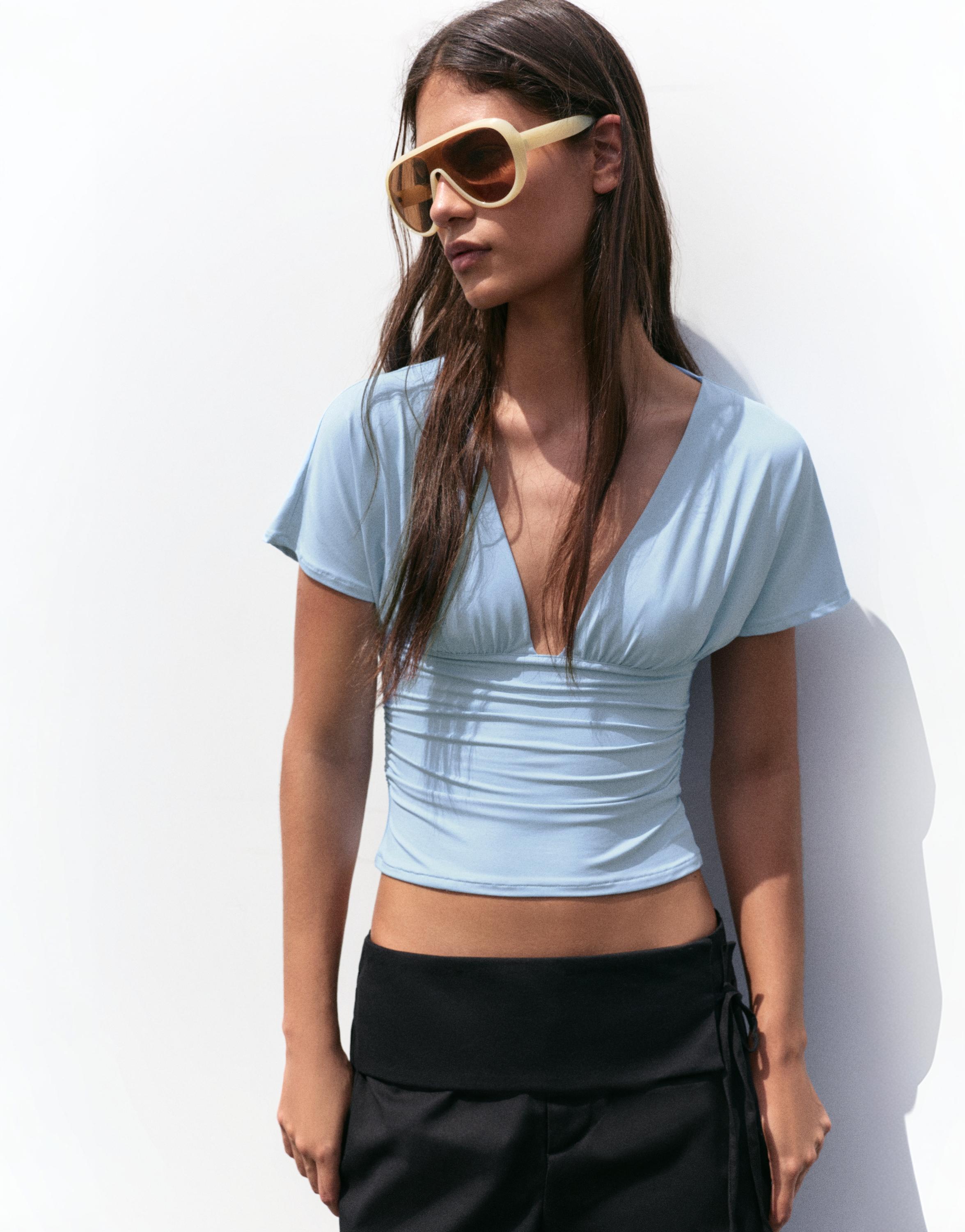 Gathered V-neck top — Pale blue
