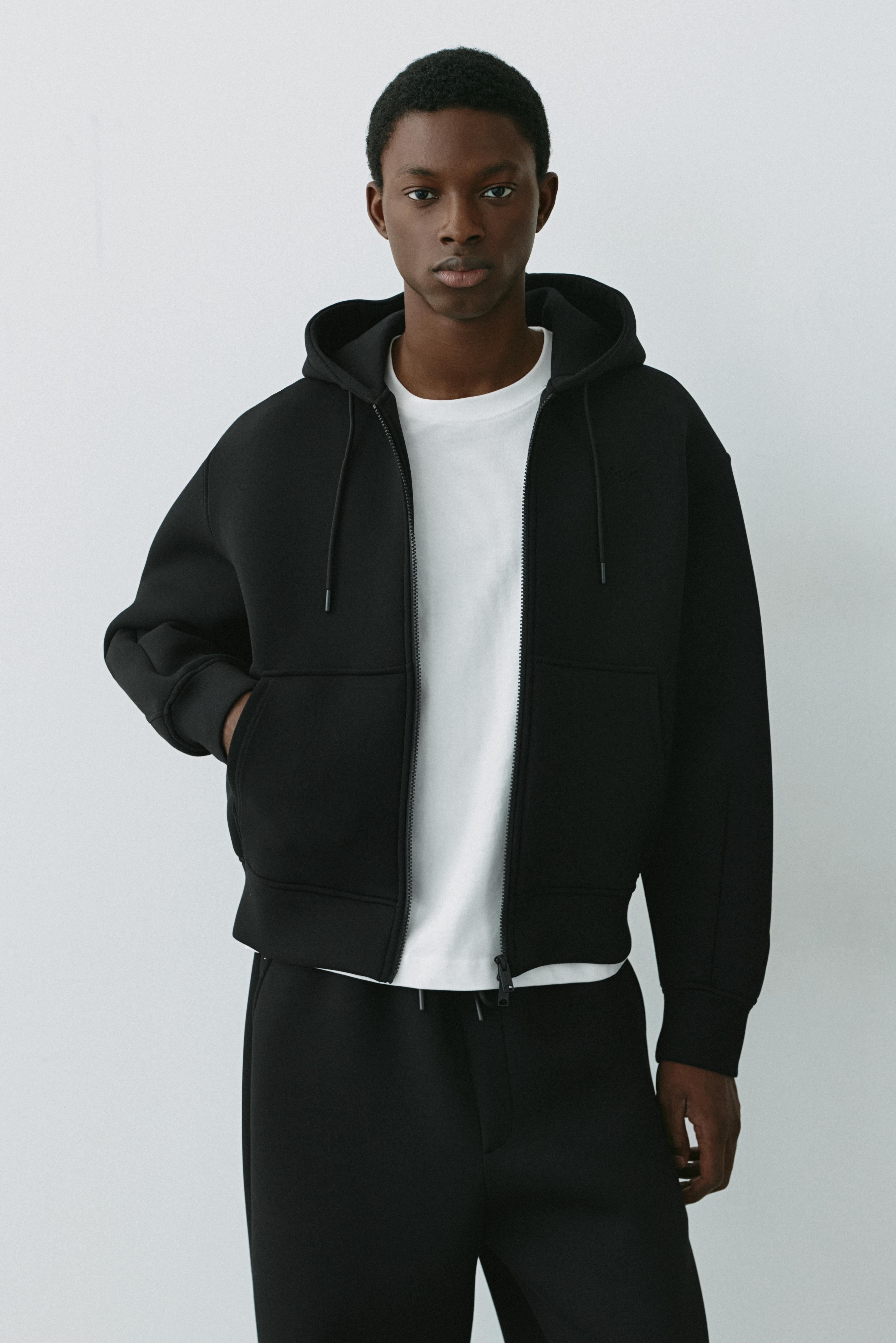 Neoprene-effect zip-up hoodie — Black
