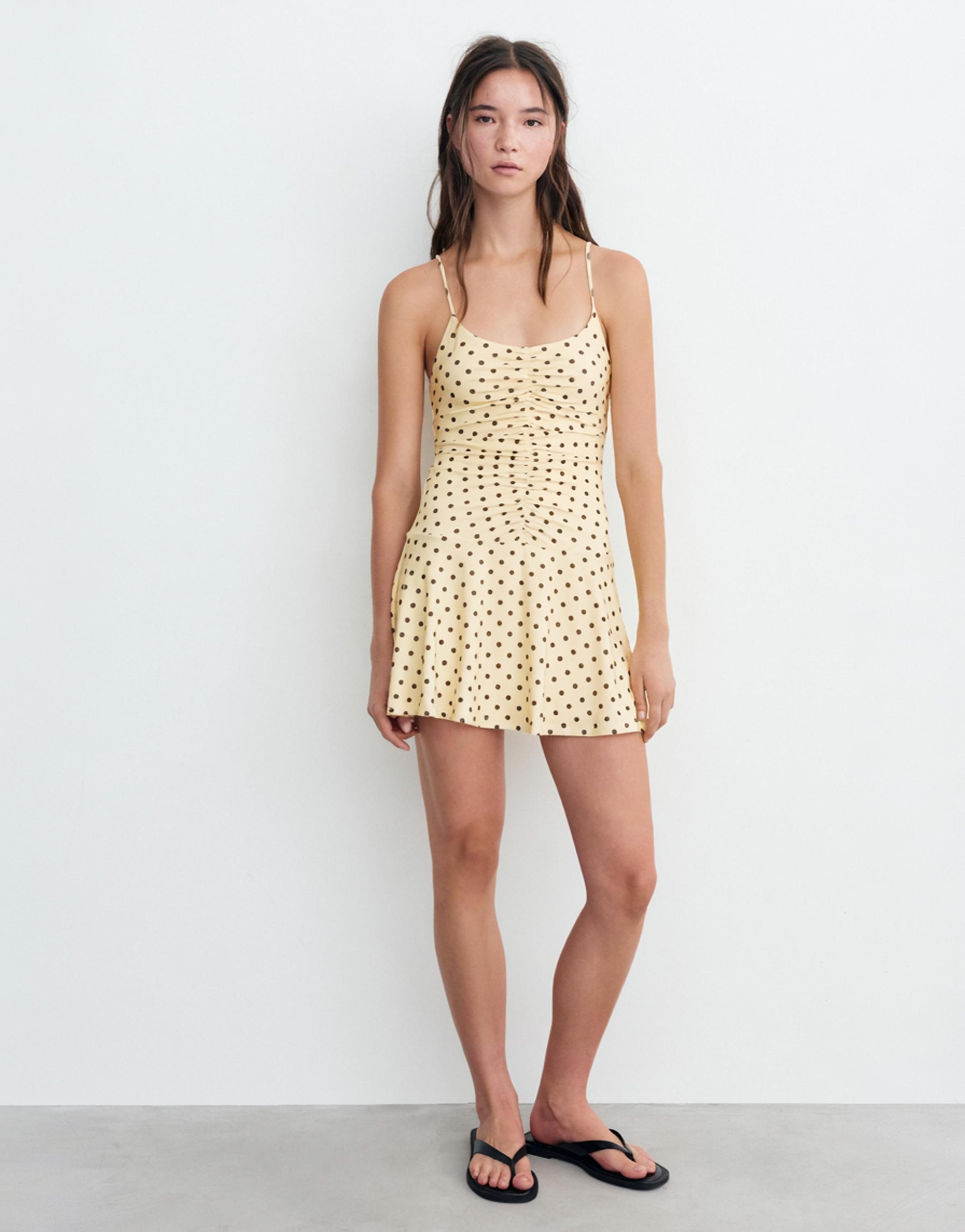 Short strappy gathered dress — Yellow