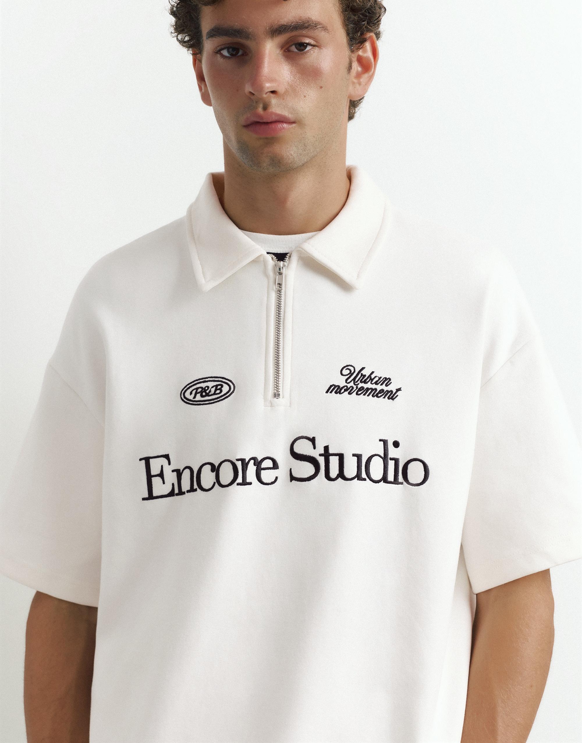 Graphic zip-up interlock polo shirt — Off white