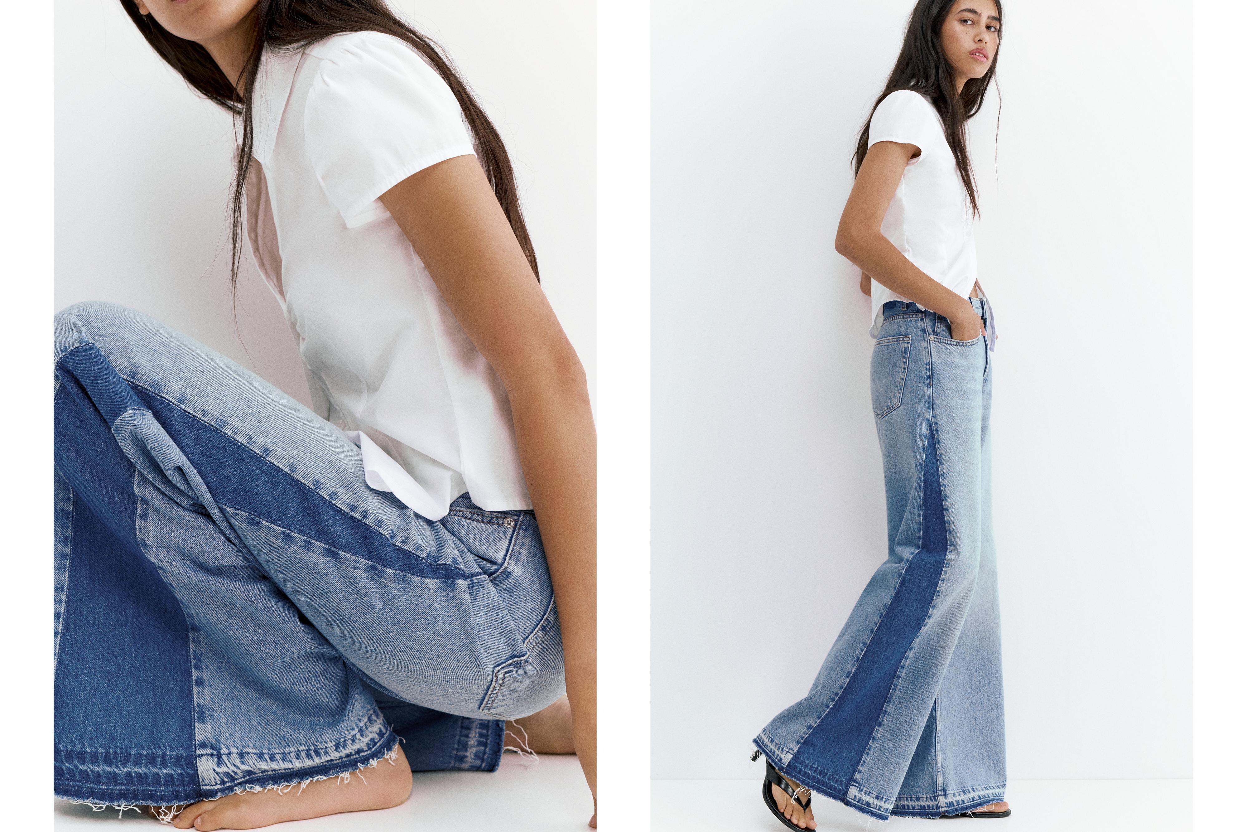 Wide-leg patchwork jeans — Medium blue