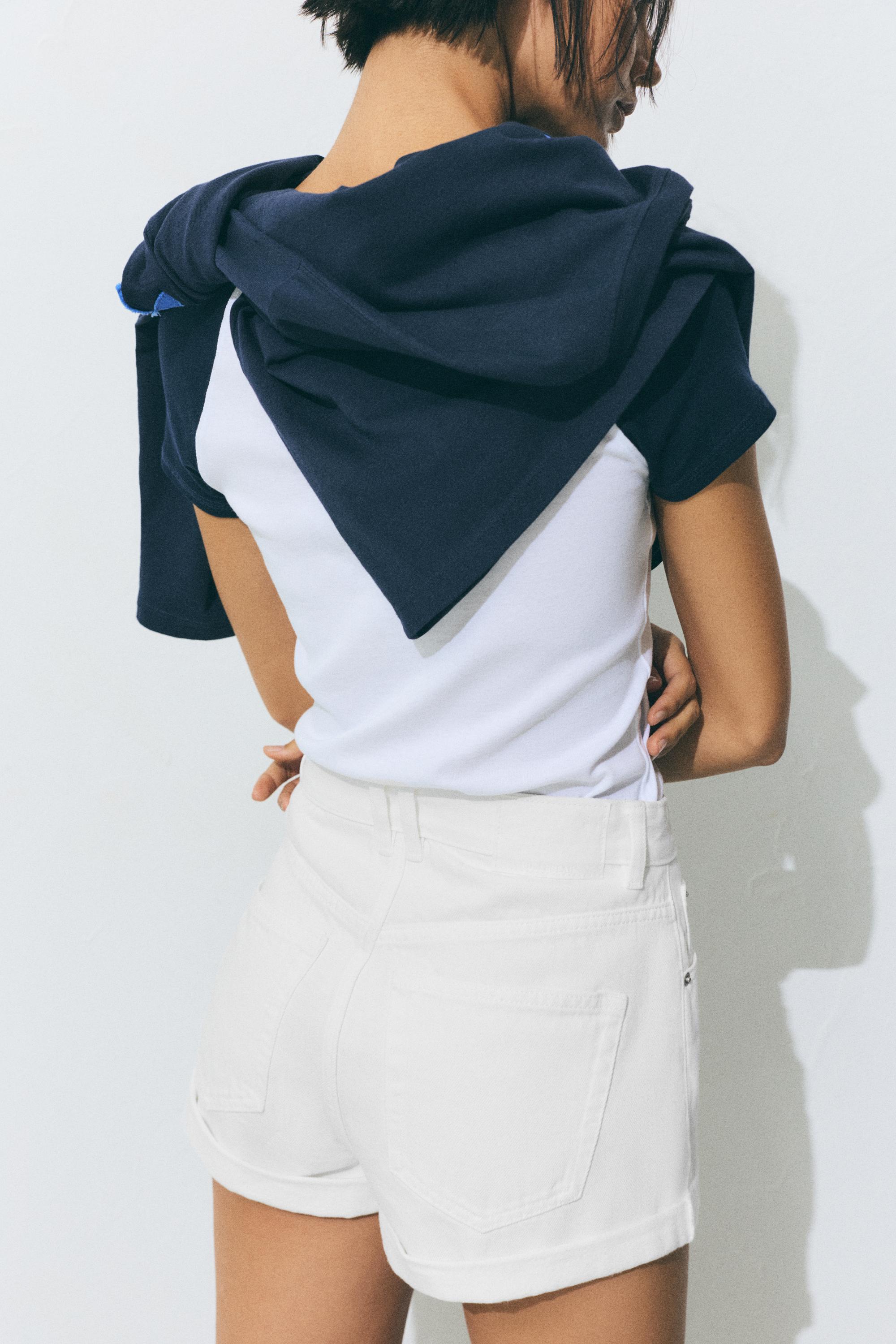 Denim mom fit shorts with turn-up hems — White