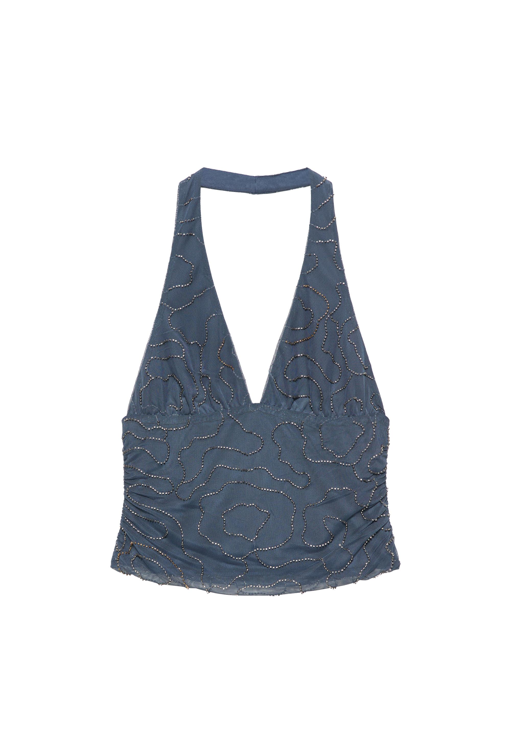Beaded tulle halter top — Ocean