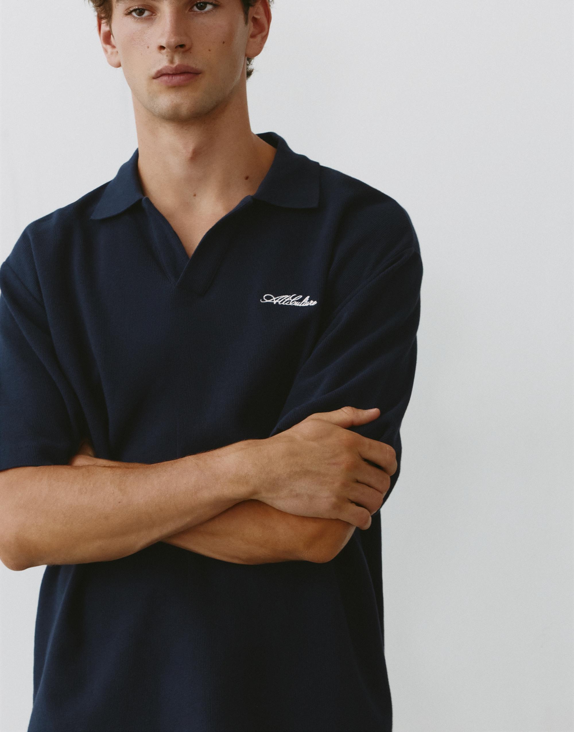 Short sleeve waffle-knit polo shirt — Navy