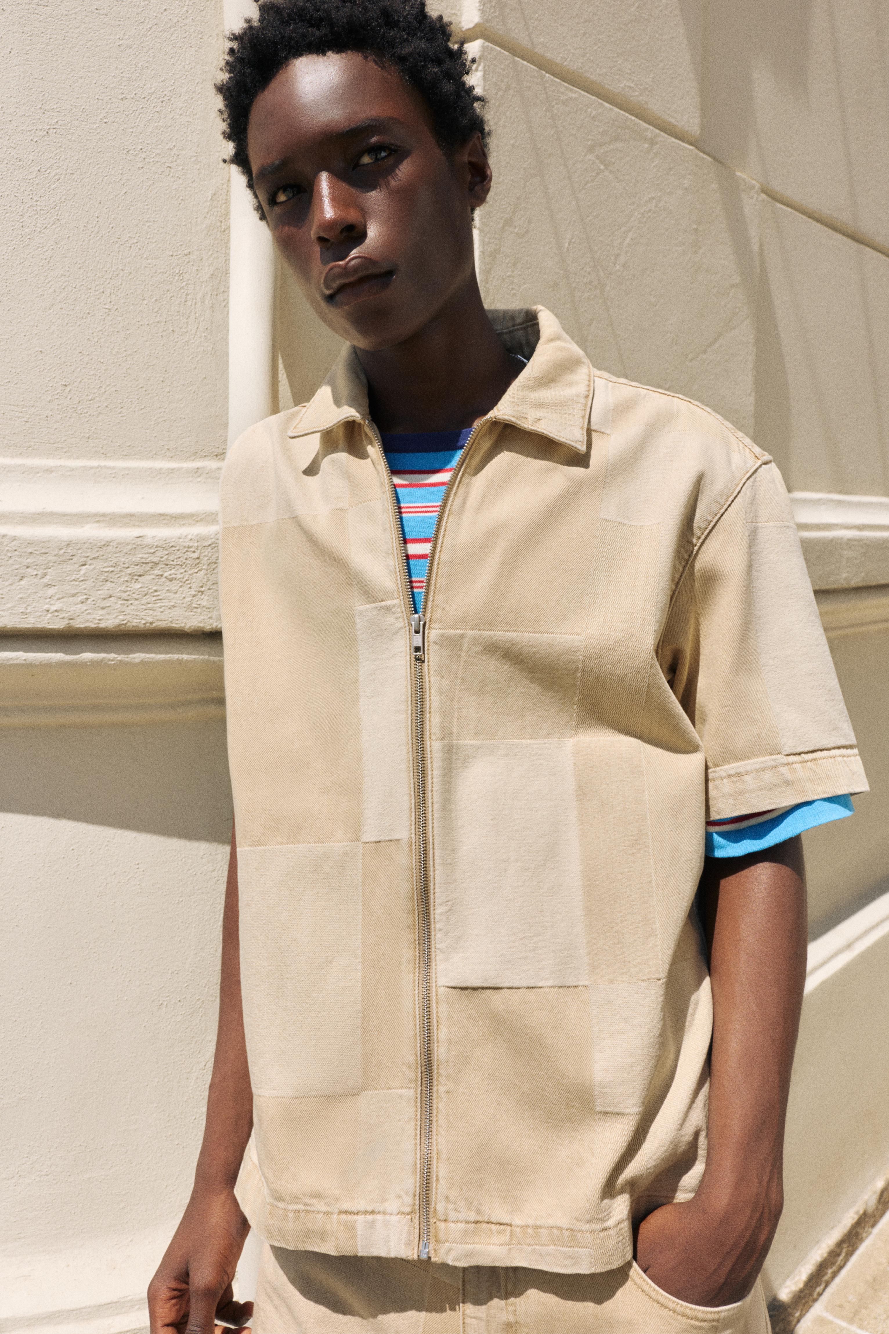 Jacquard denim shirt with zip — Medium ecru