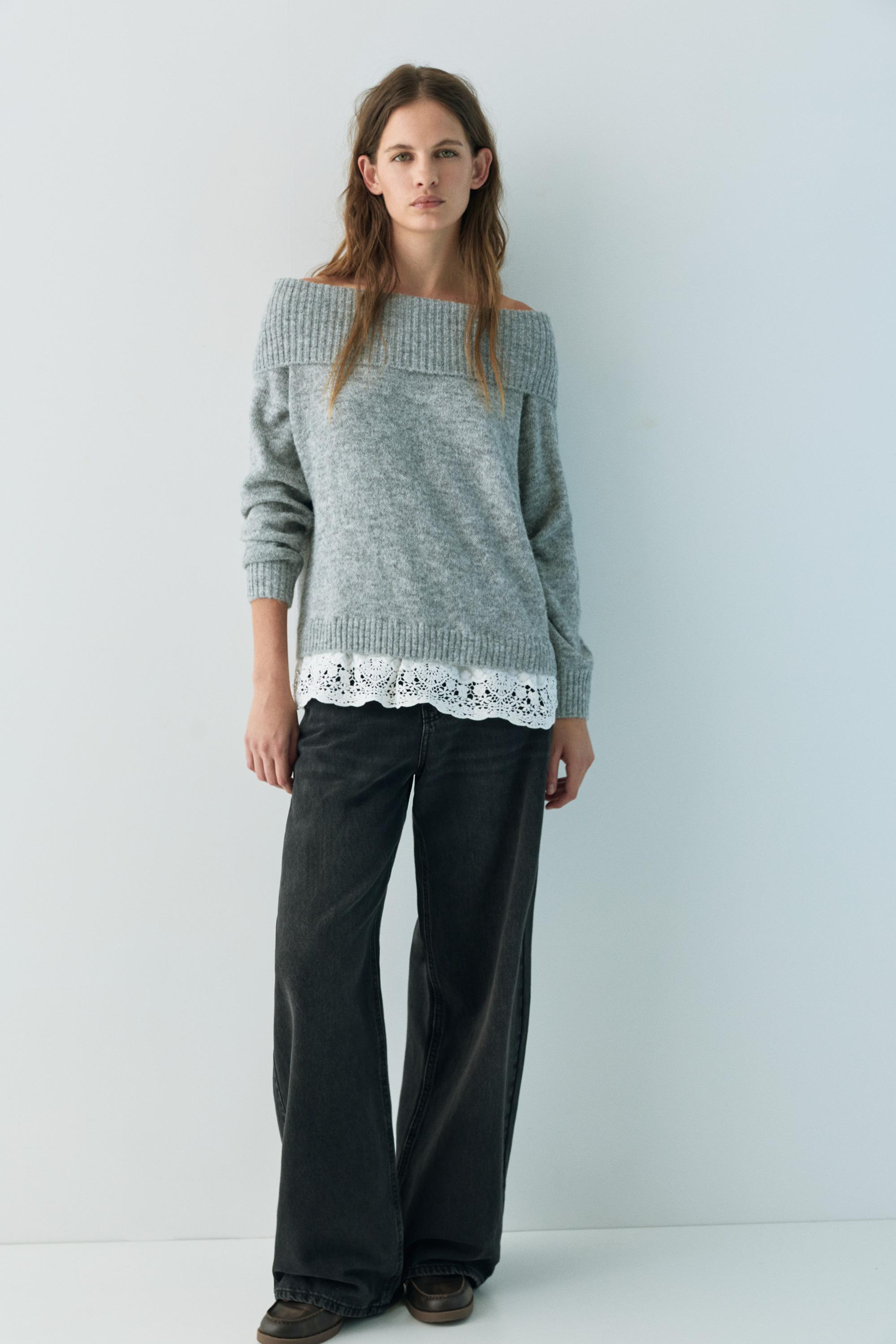Bardot jumper with combined lace — Grey marl