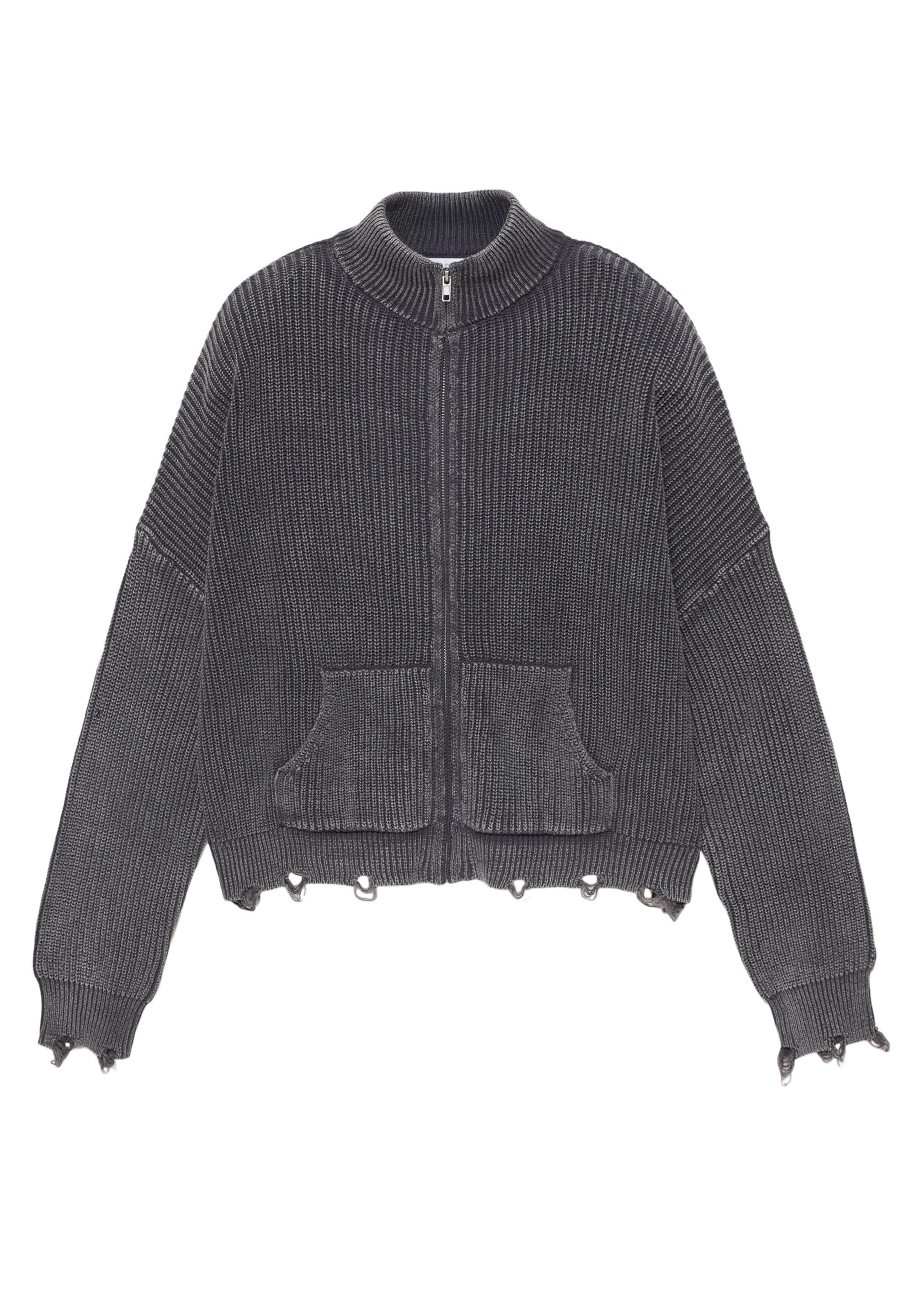 Yırtık detaylı fermuarlı hırka