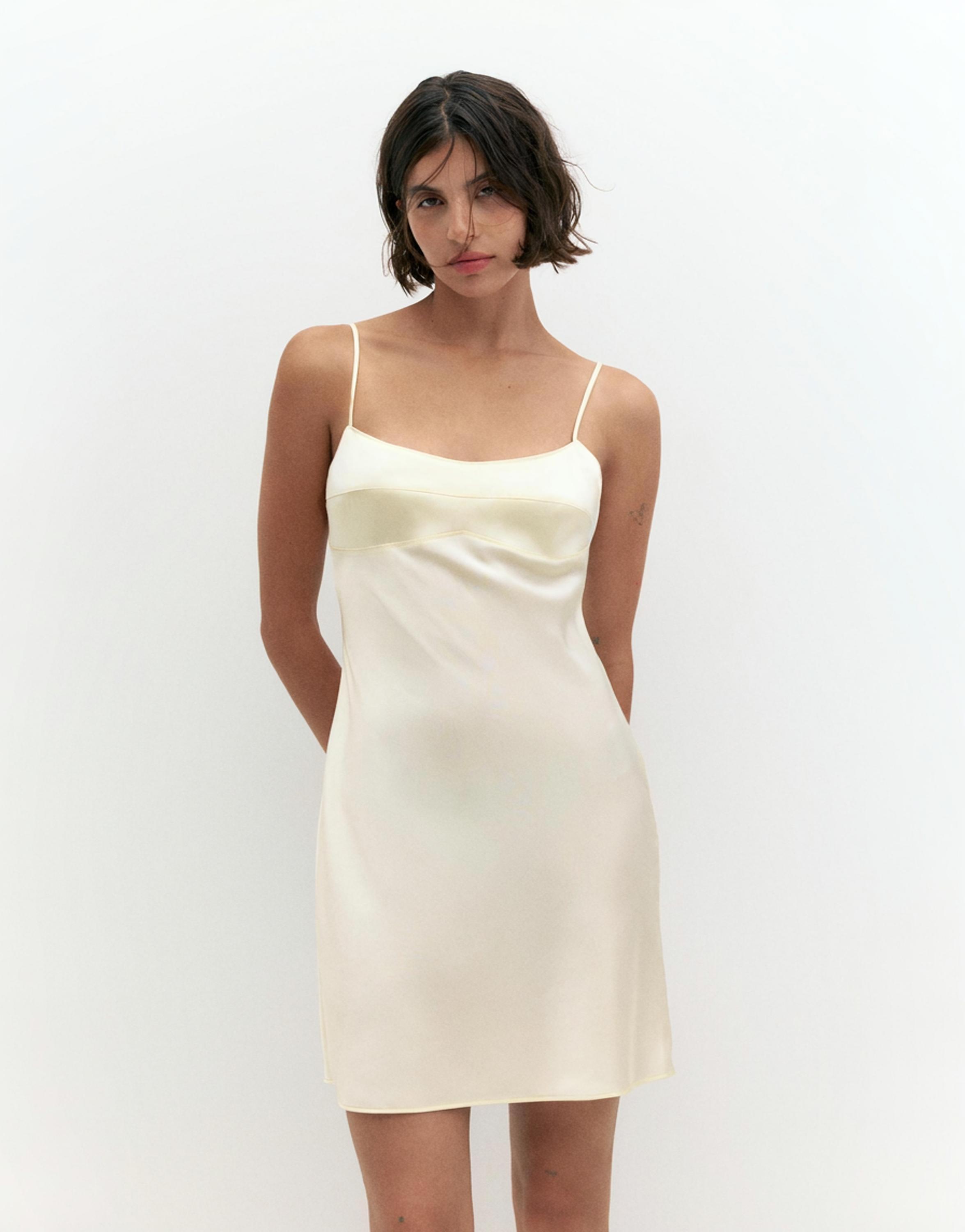 Short satin strappy dress — Ecru