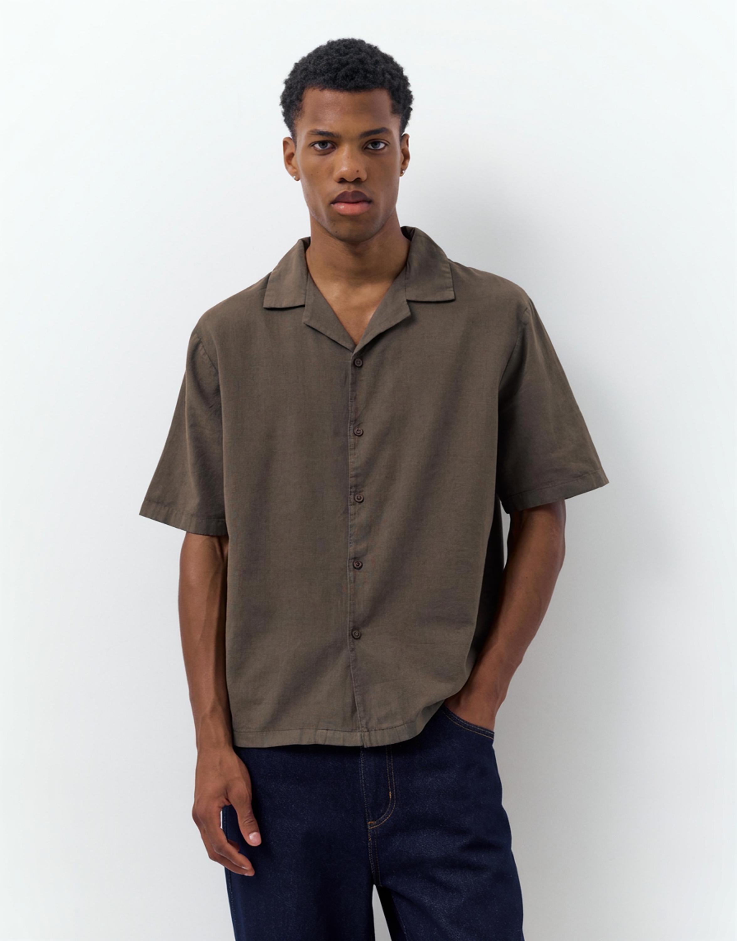 Short sleeve linen blend shirt — Chocolate