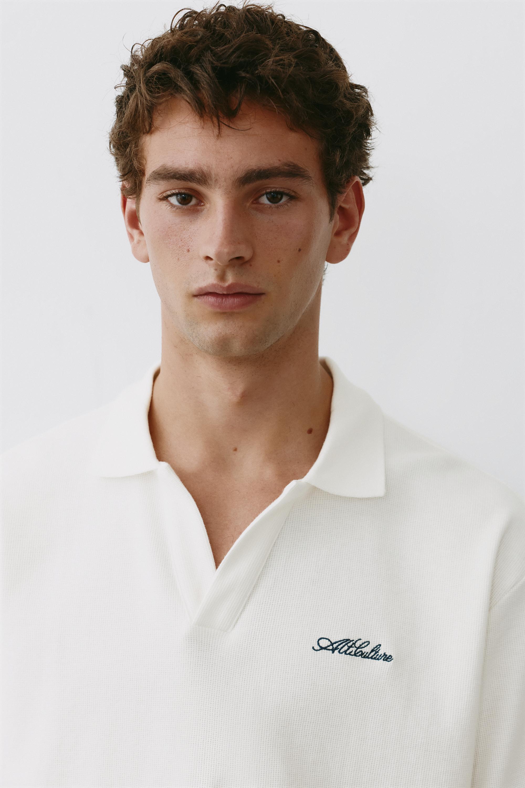 Short sleeve waffle-knit polo shirt — Off white