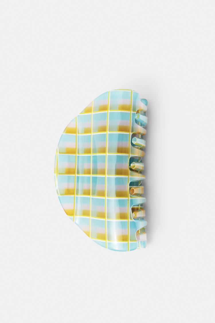 Curved check hair clip — Pale blue