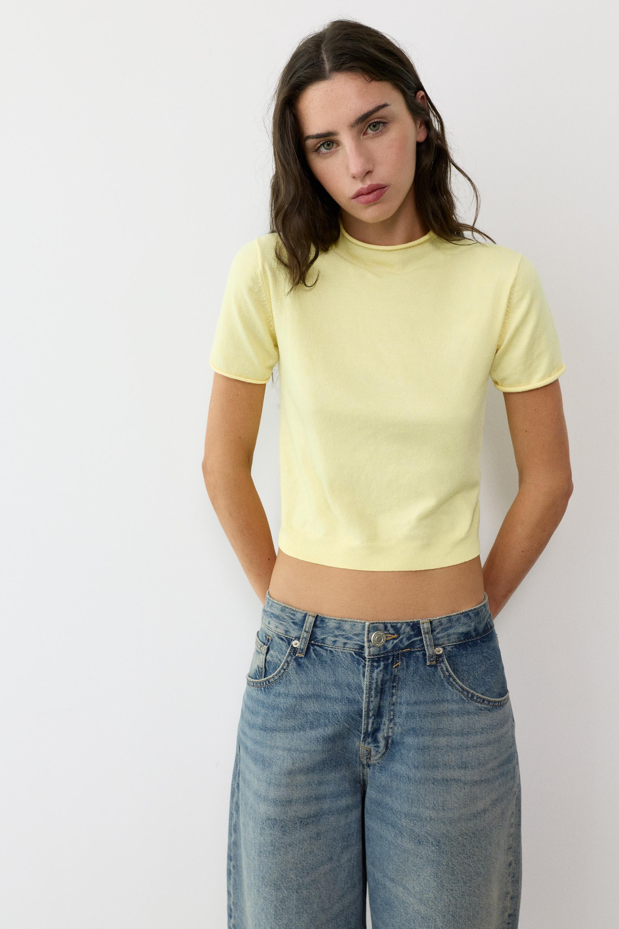 Fine knit short sleeve T-shirt — Yellow