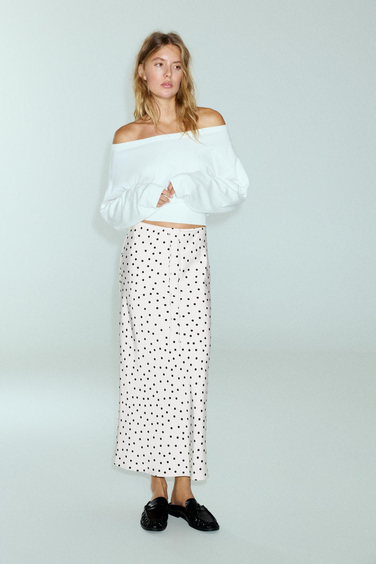 Satin drawstring midi skirt — Ecru/Black