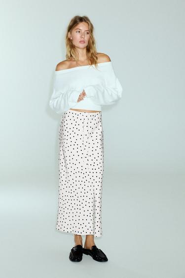 Satin drawstring midi skirt — Ecru/Black 1