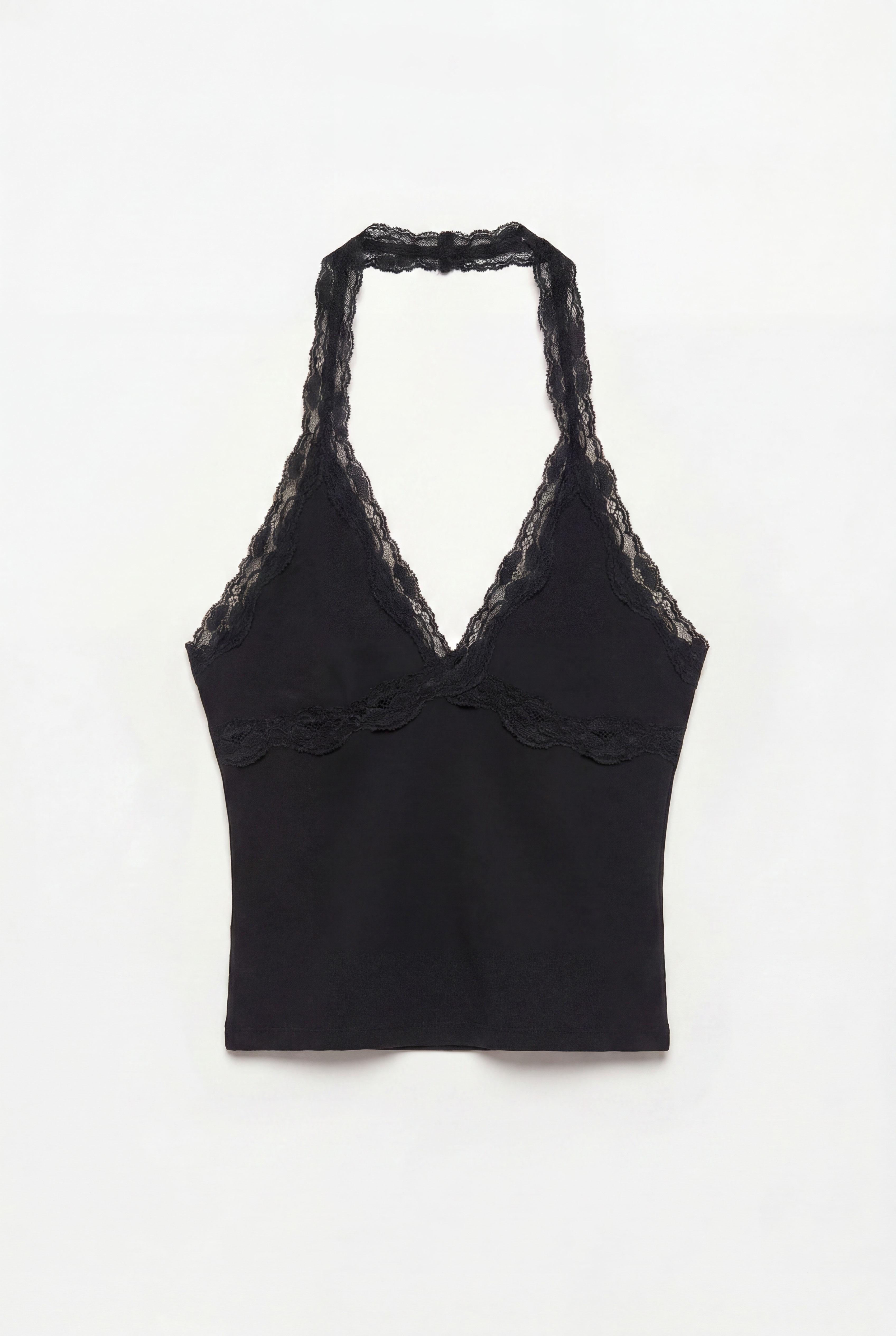 Lace-trimmed halter top — Black