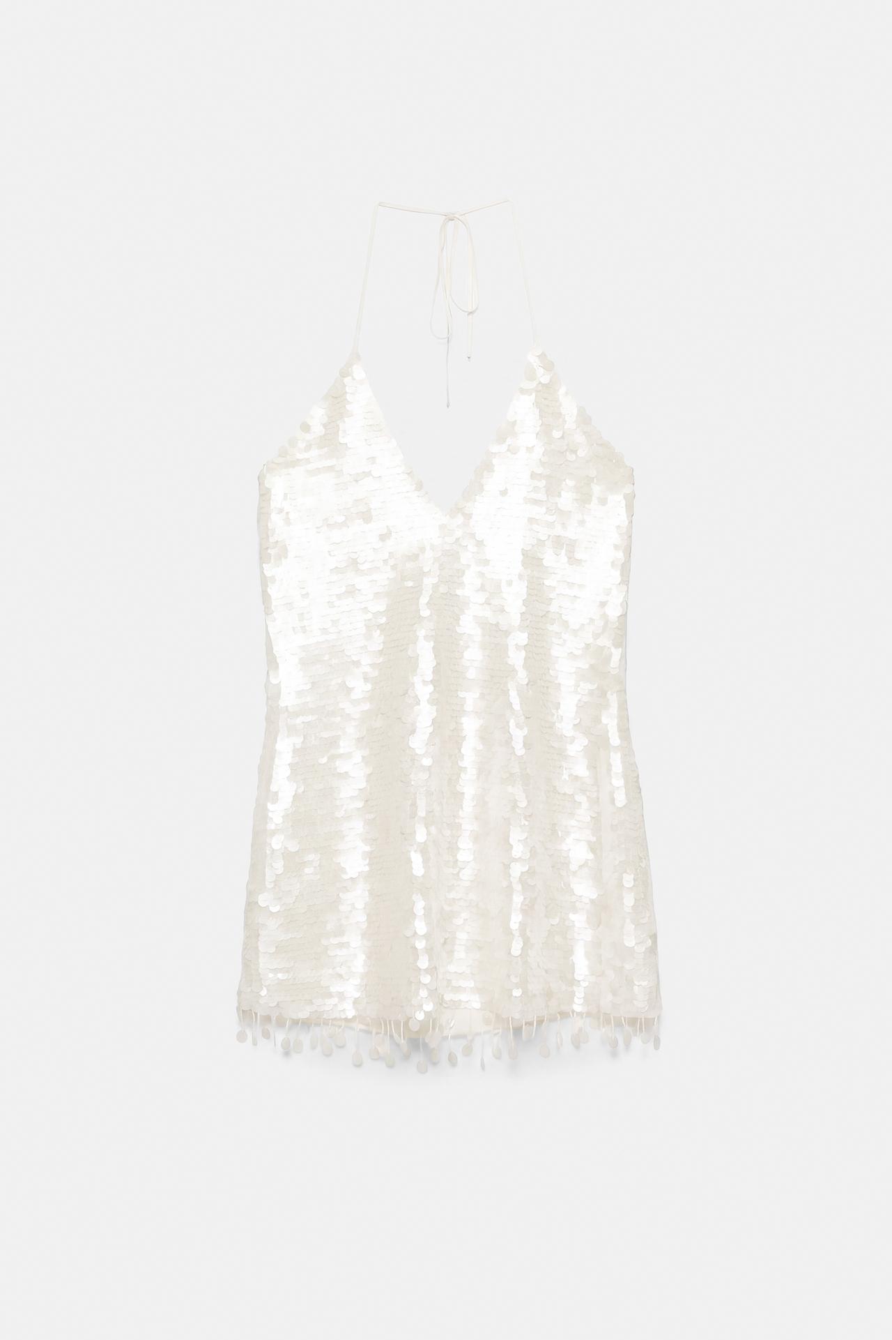 Short sequin halter dress — Ecru