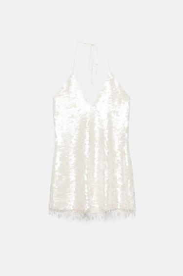 Short sequin halter dress — Ecru 4
