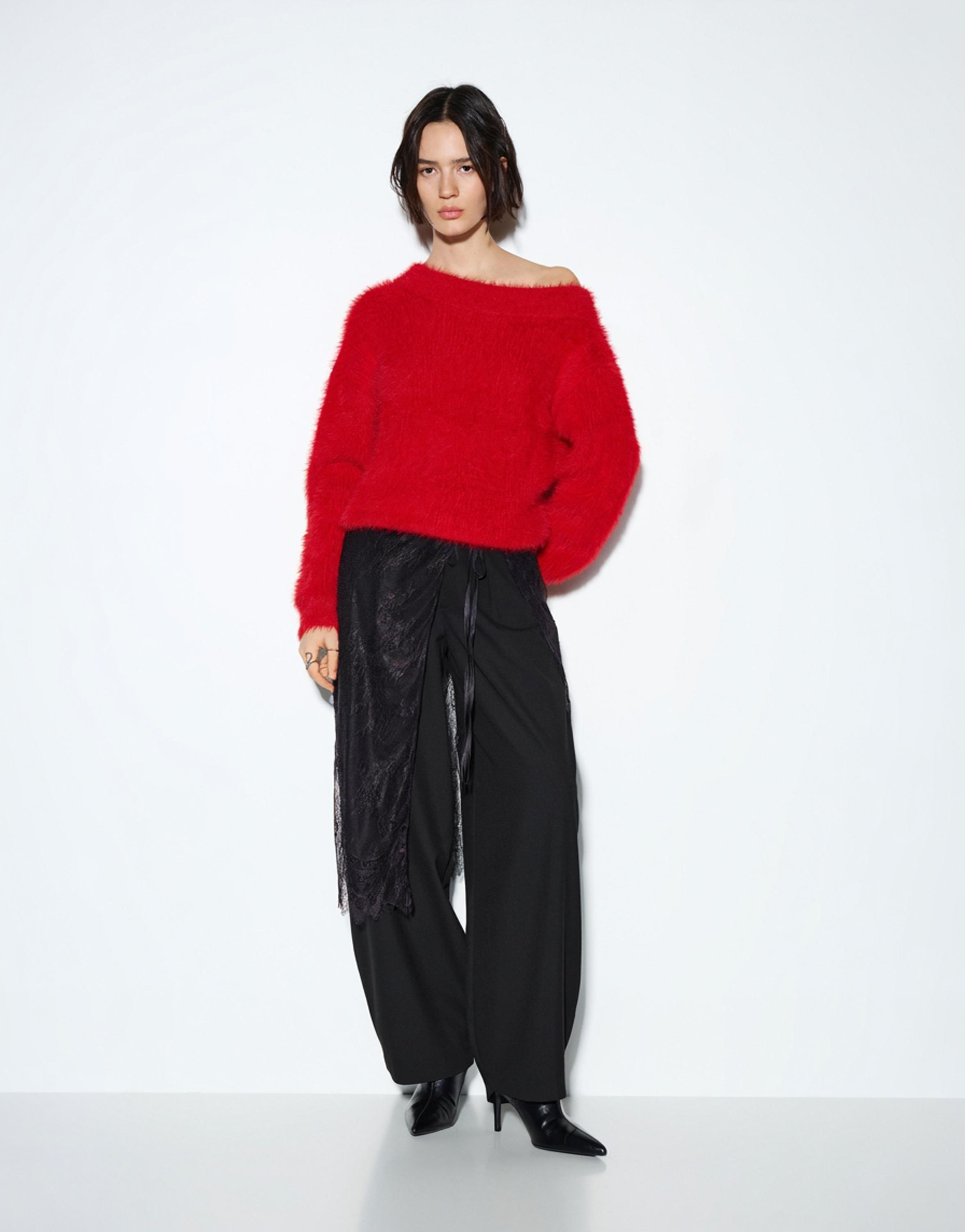 Asymmetric faux fur sweater — Red