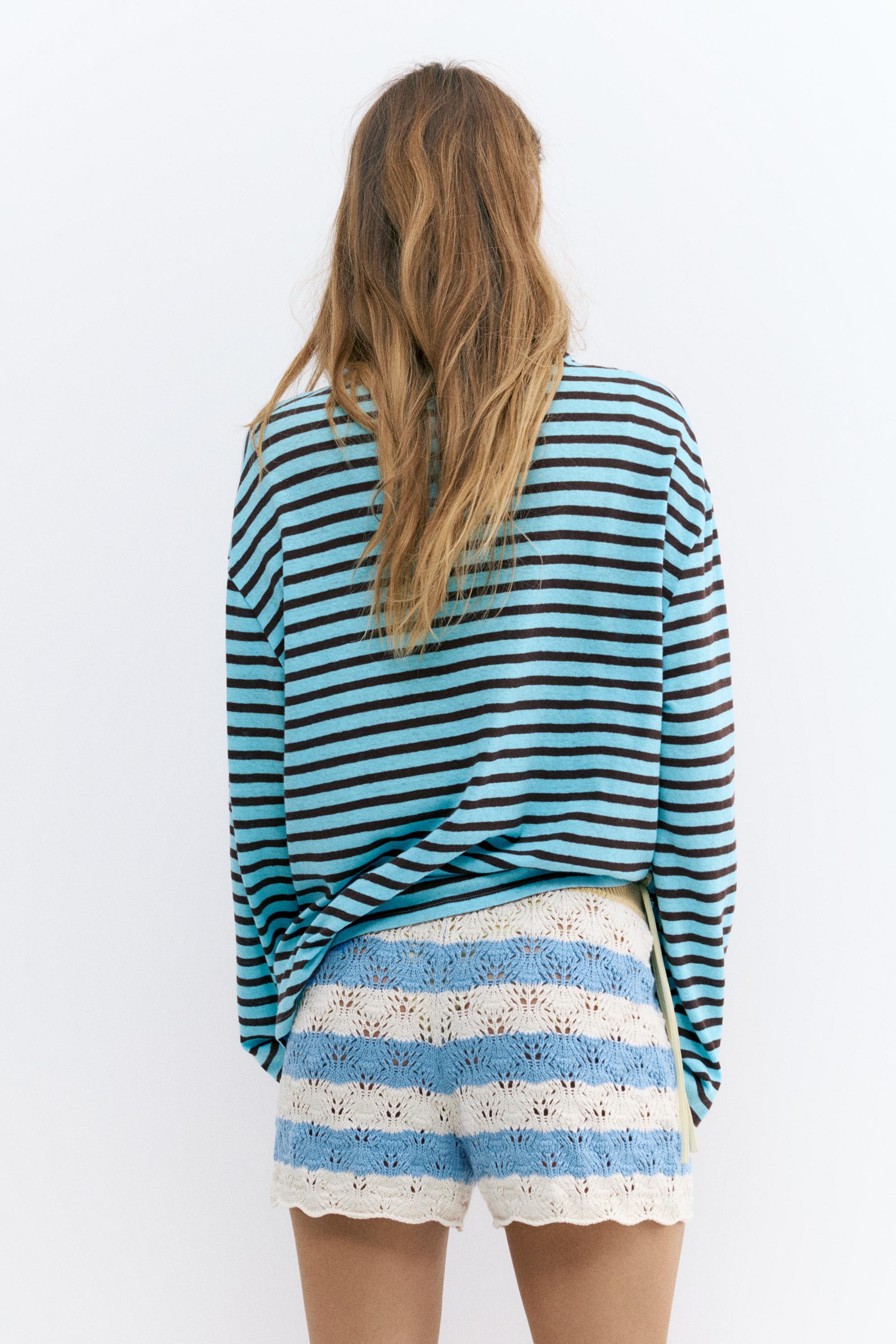 Striped crochet shorts — Pale blue