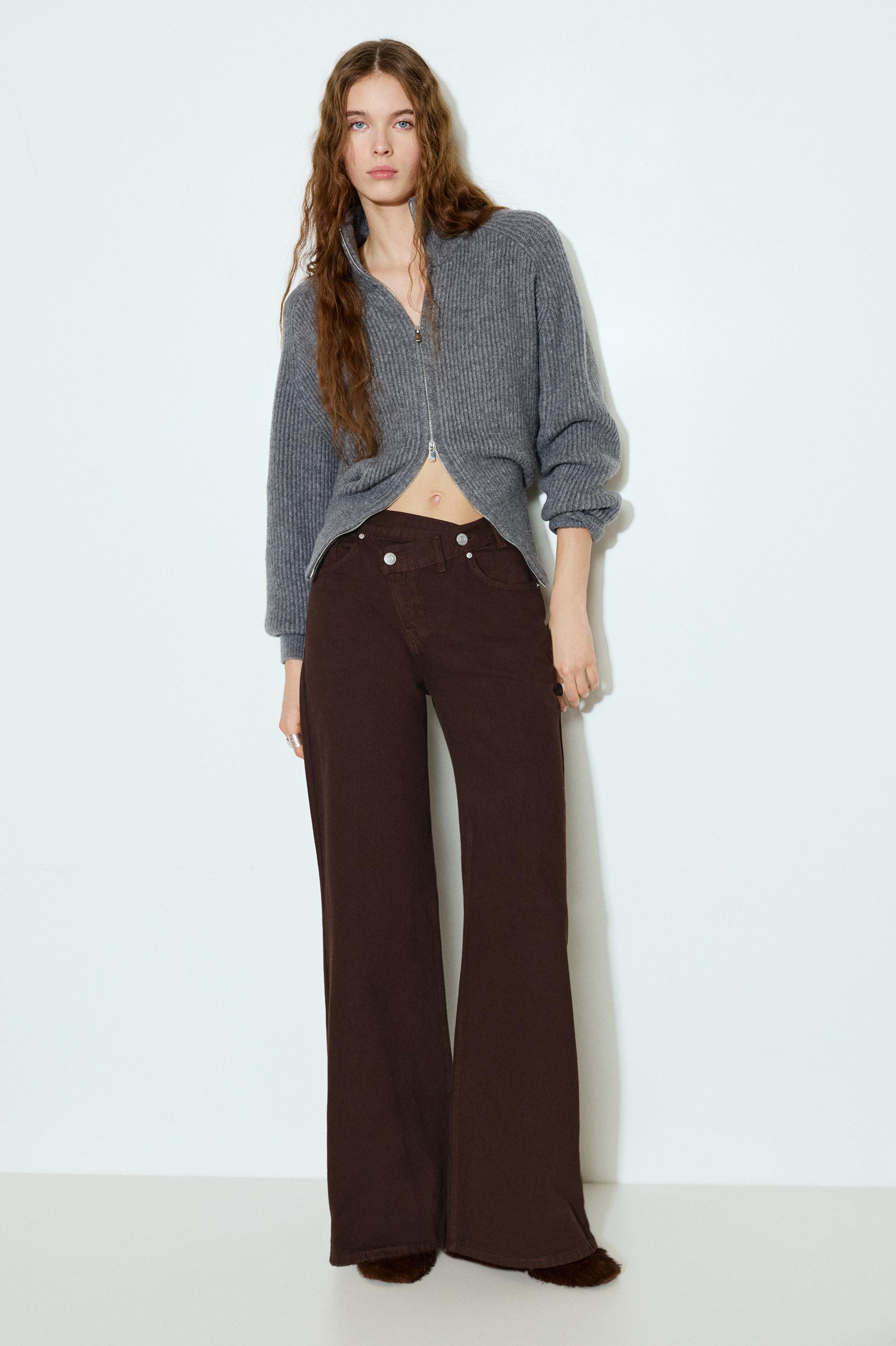 Wide leg jeans with crossover waistband — Brown