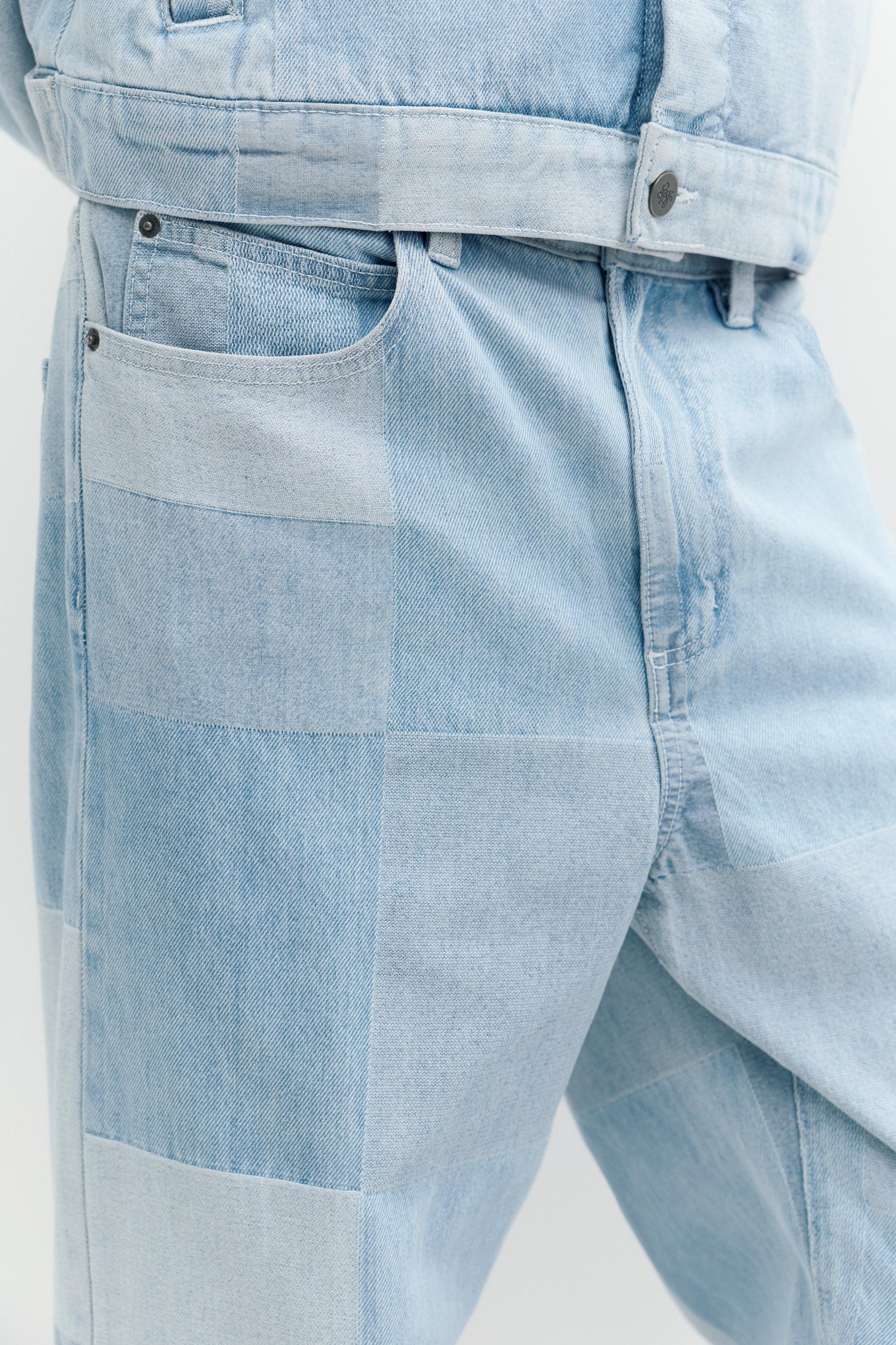 Baggy patchwork check jeans — Pale indigo