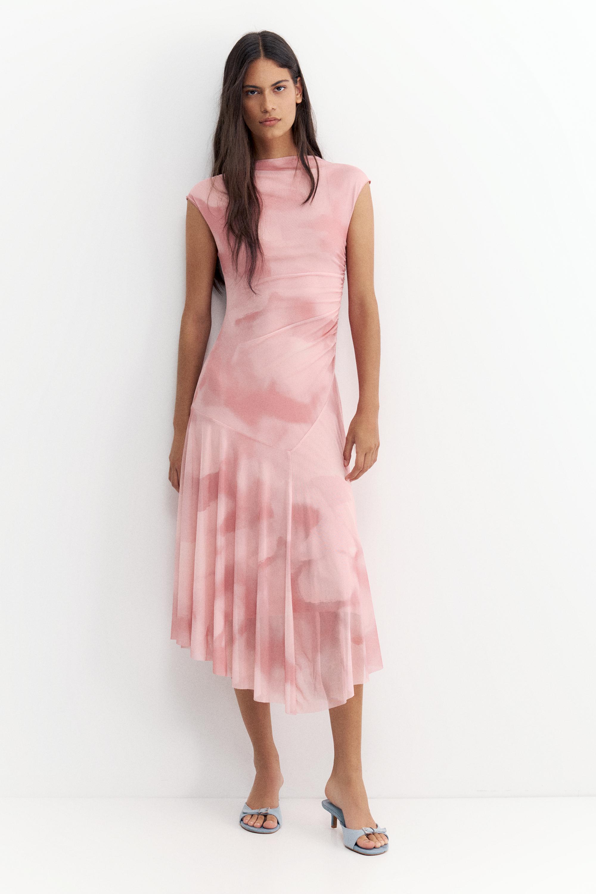 Asymmetric tulle midi dress — Dusty pink