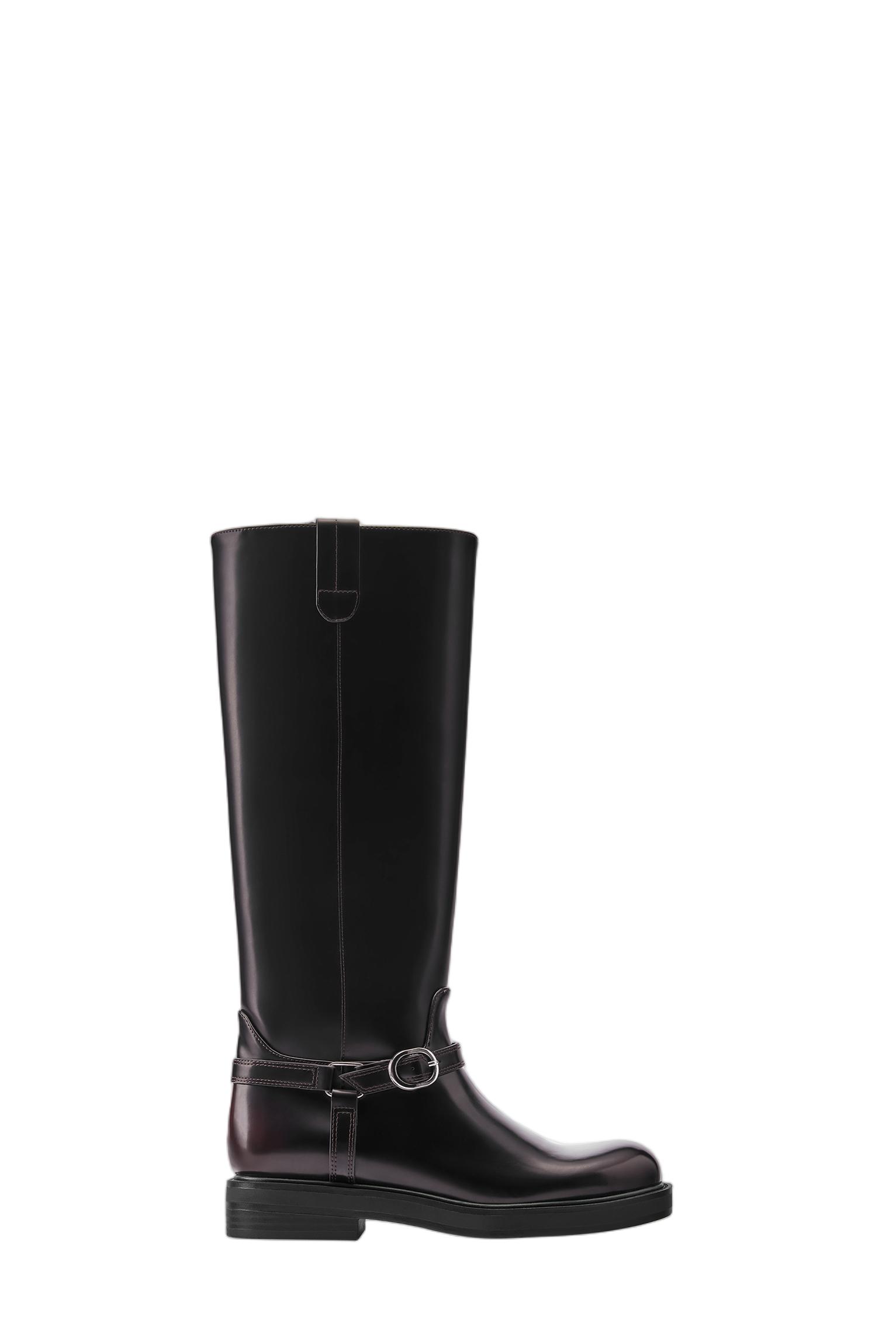 Flat high-leg buckled boots — Burgundy