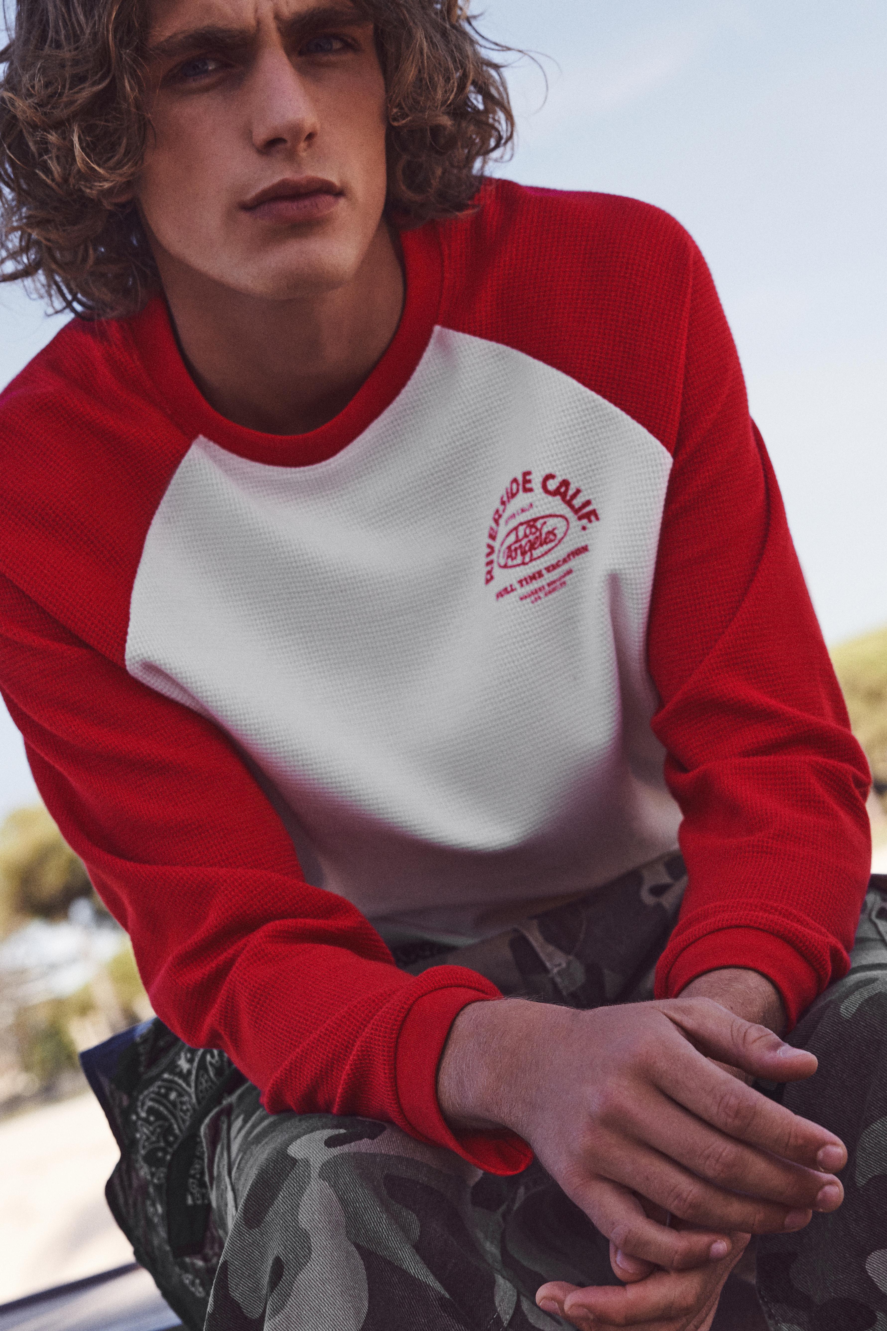 Waffle-knit raglan sleeve T-shirt — Red