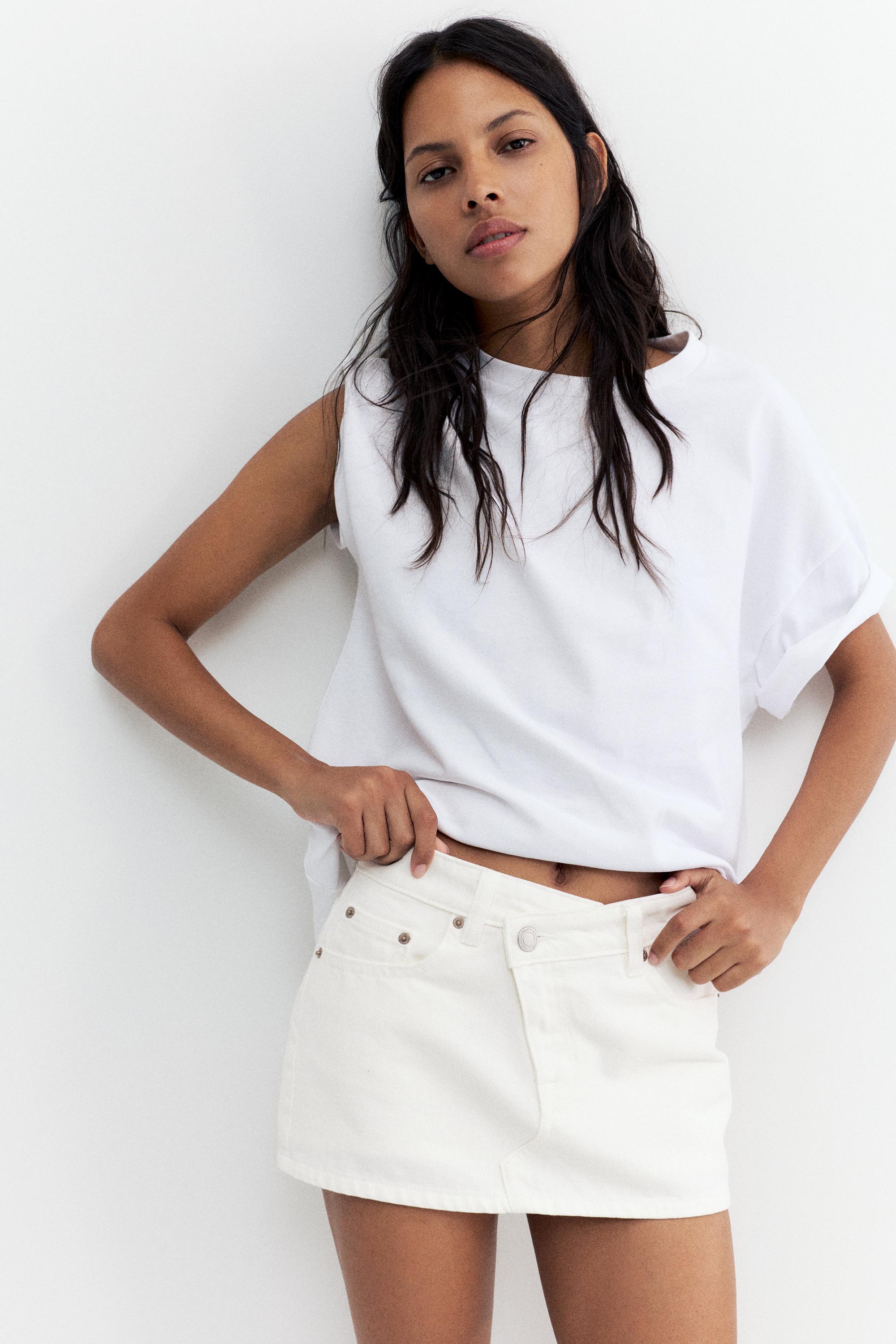 Cross-waist denim skort — White