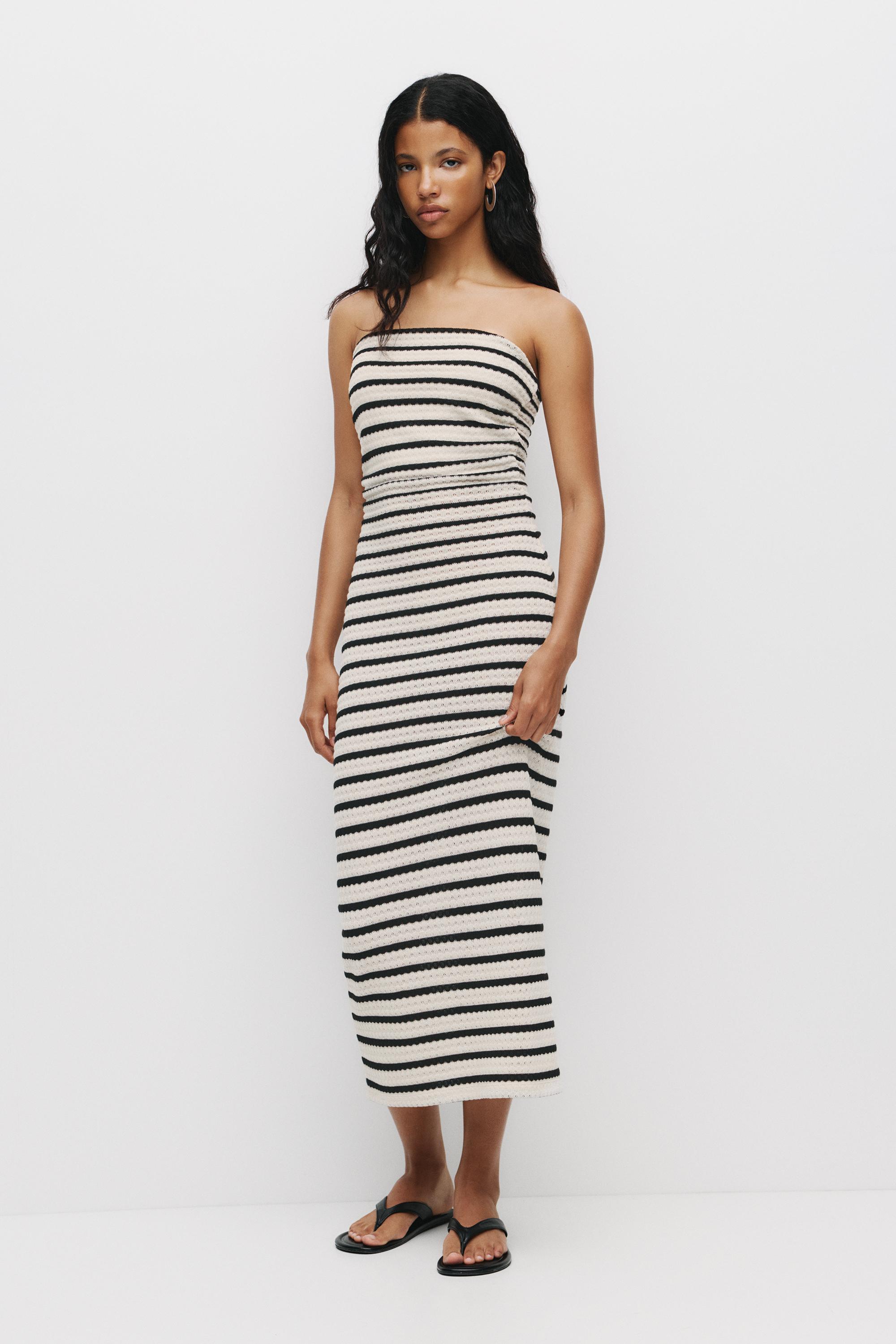 Strick-Midikleid Mit Streifen