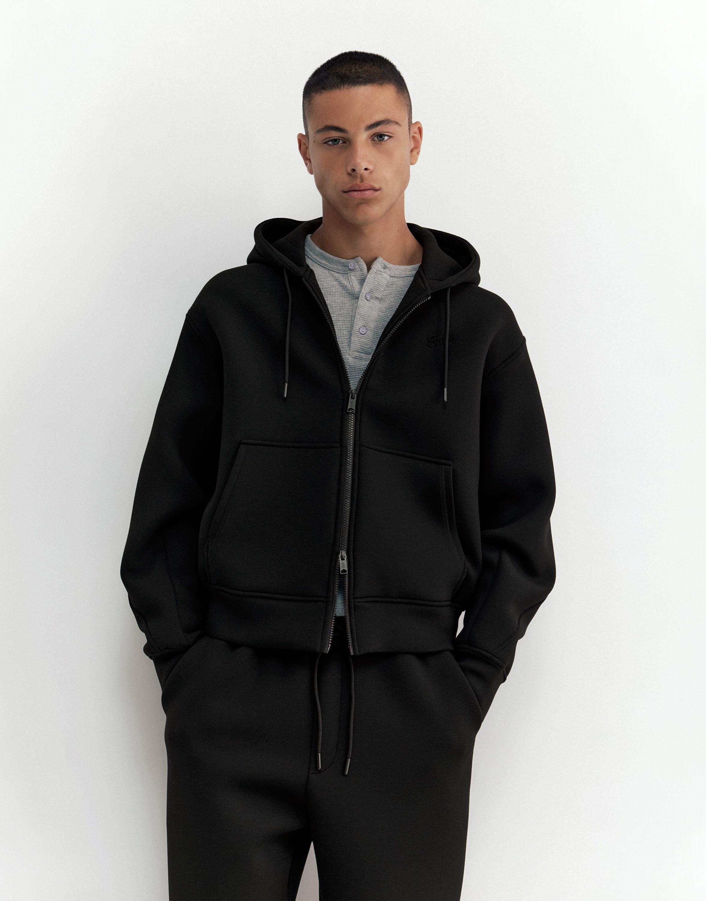 Neoprene-effect zip-up hoodie — Black