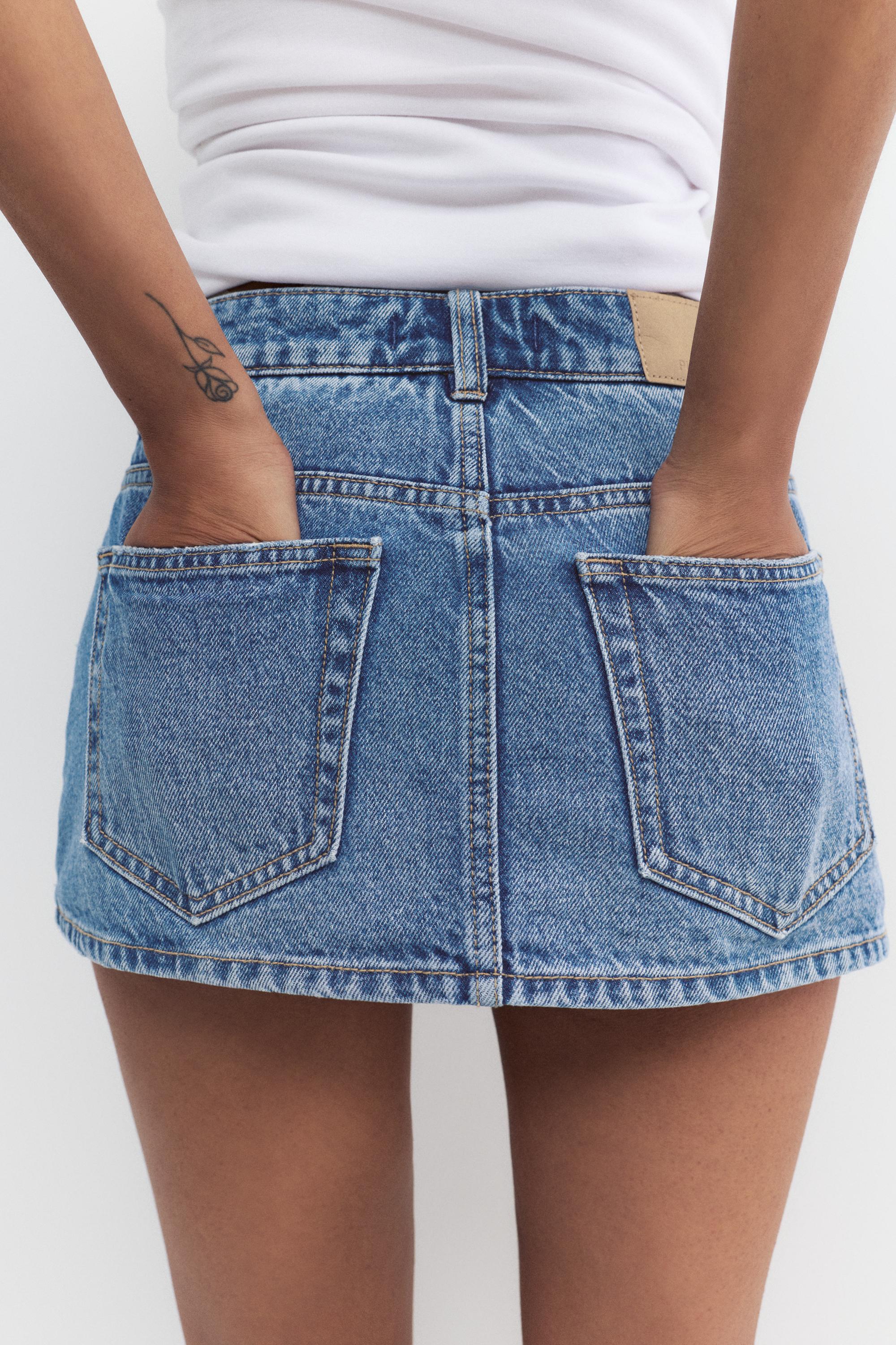 Cross-waist denim skort — Medium blue
