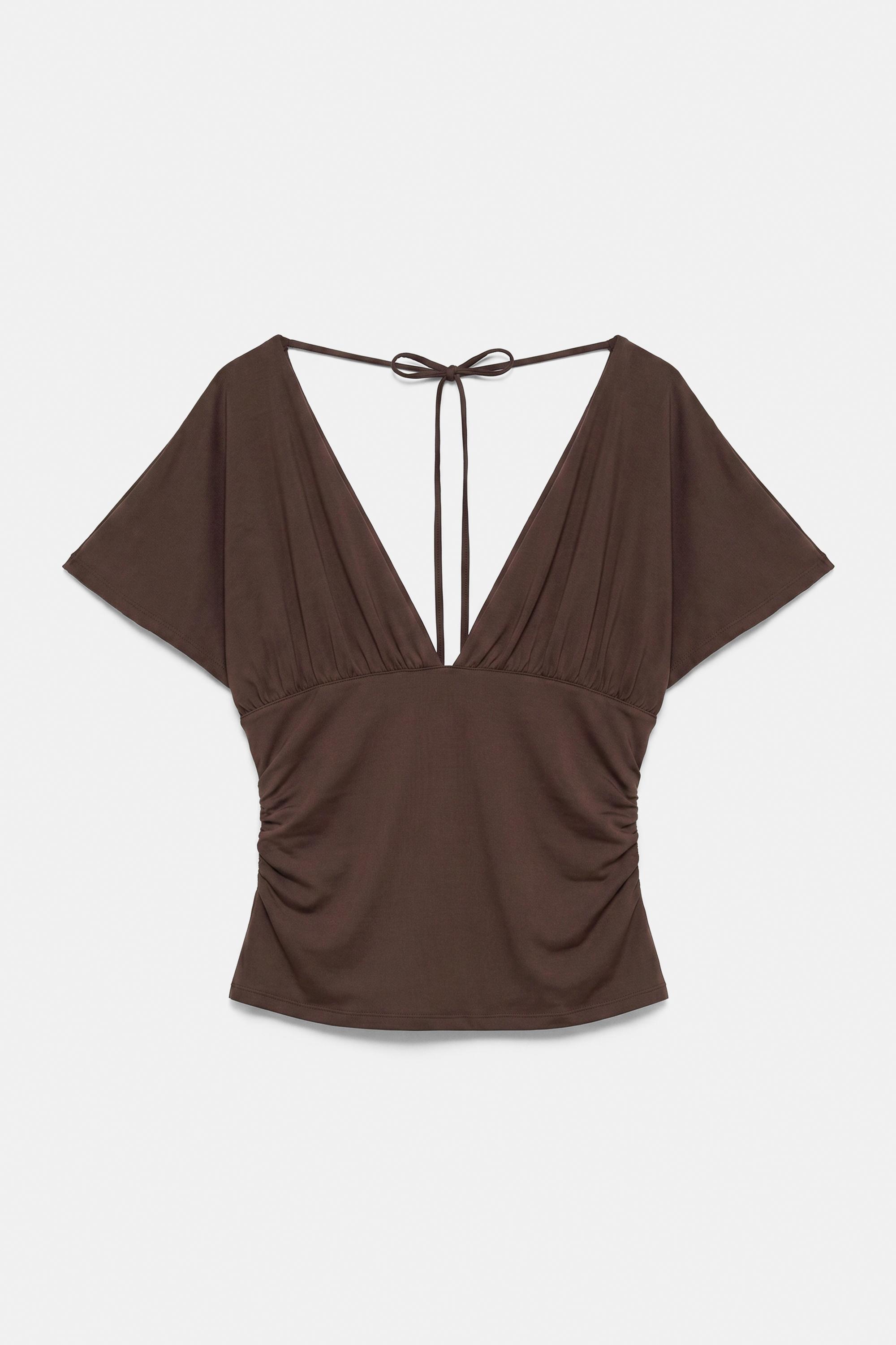 Gathered V-neck top — Brown