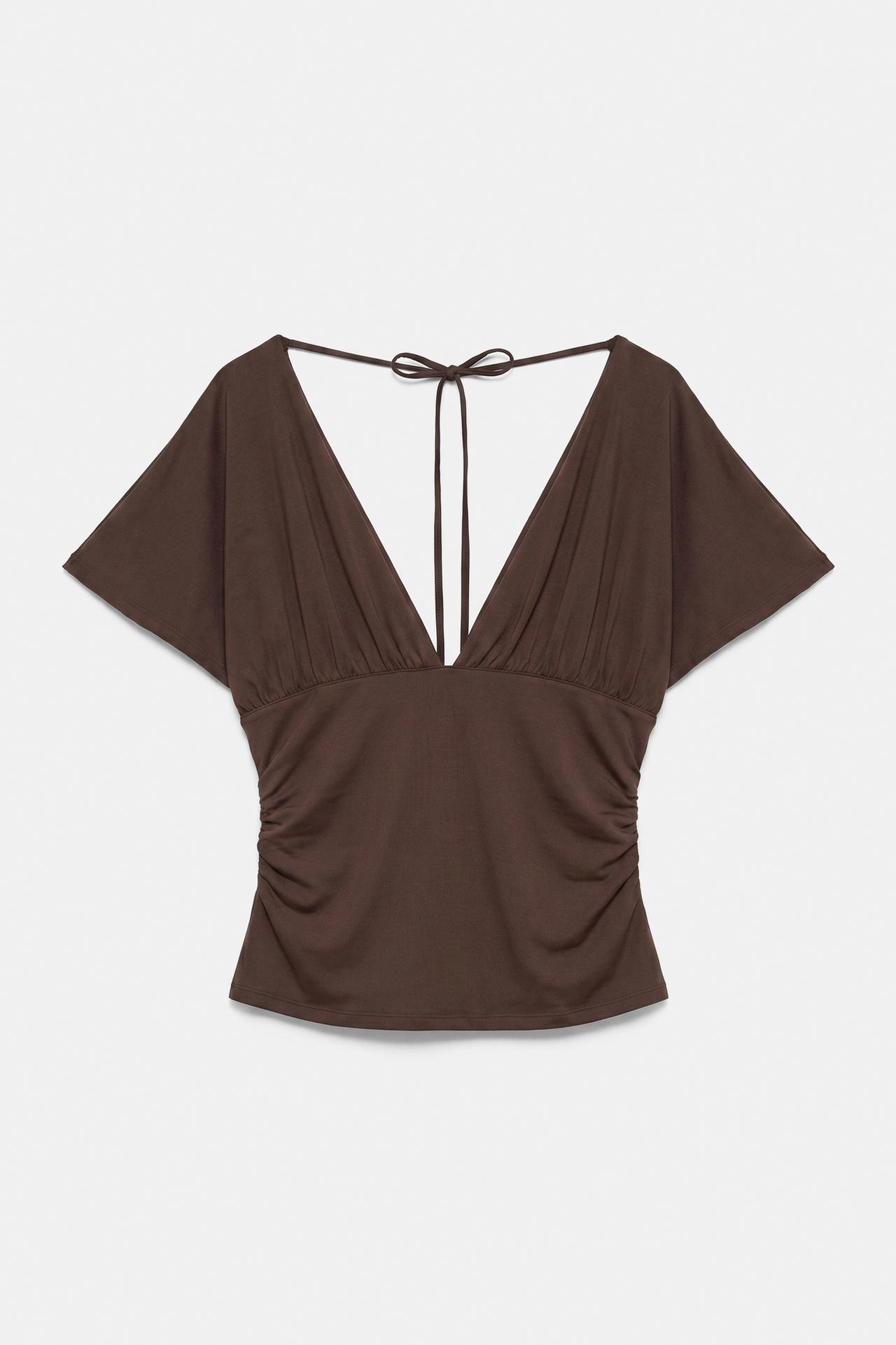 Gathered V-neck top — Brown