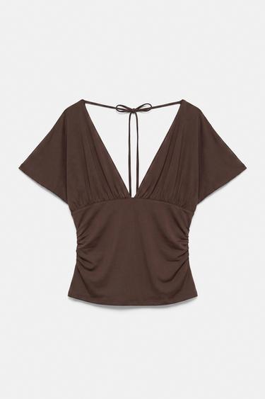 Gathered V-neck top — Brown 5
