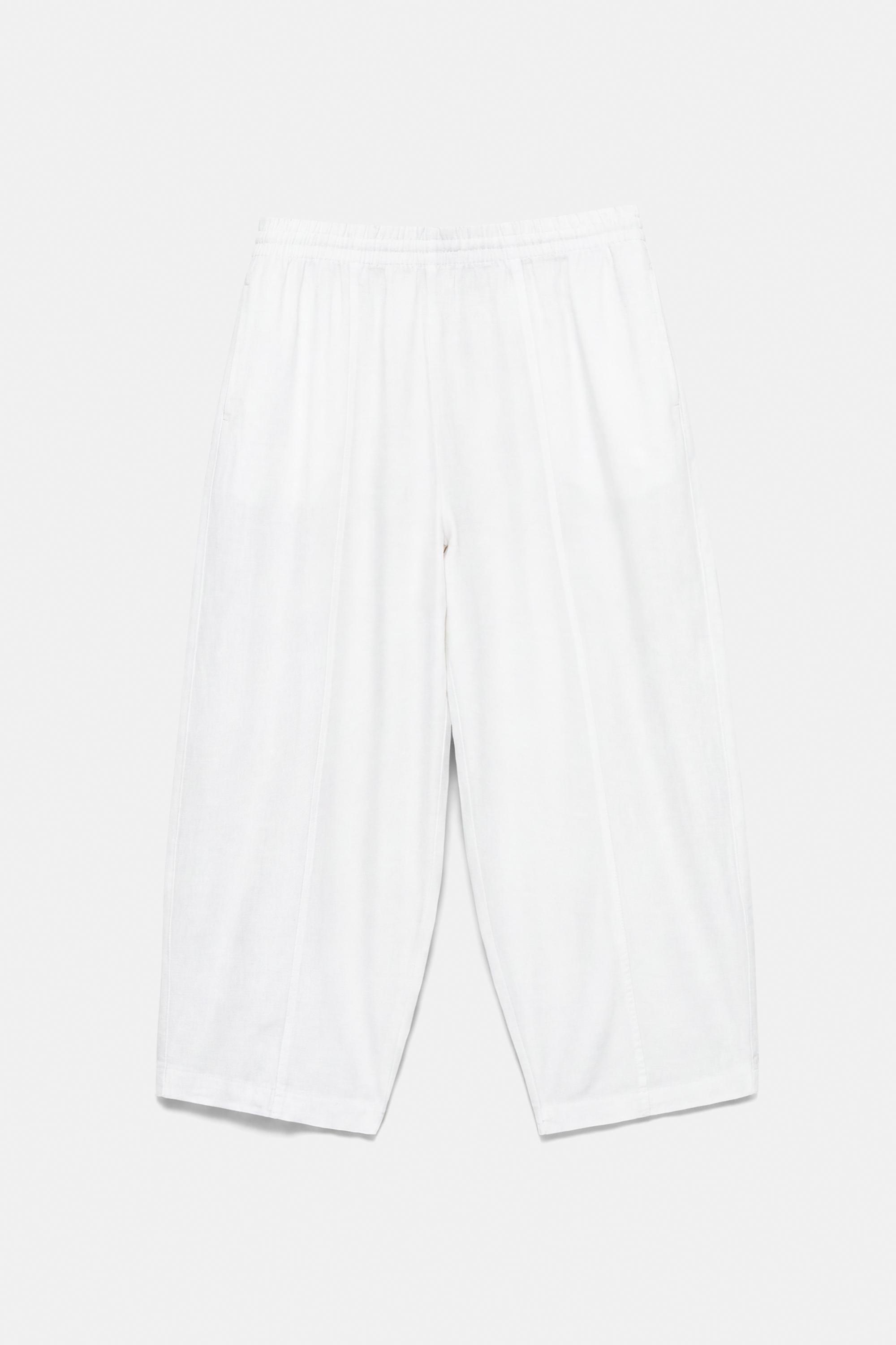 Linen blend barrel trousers — White