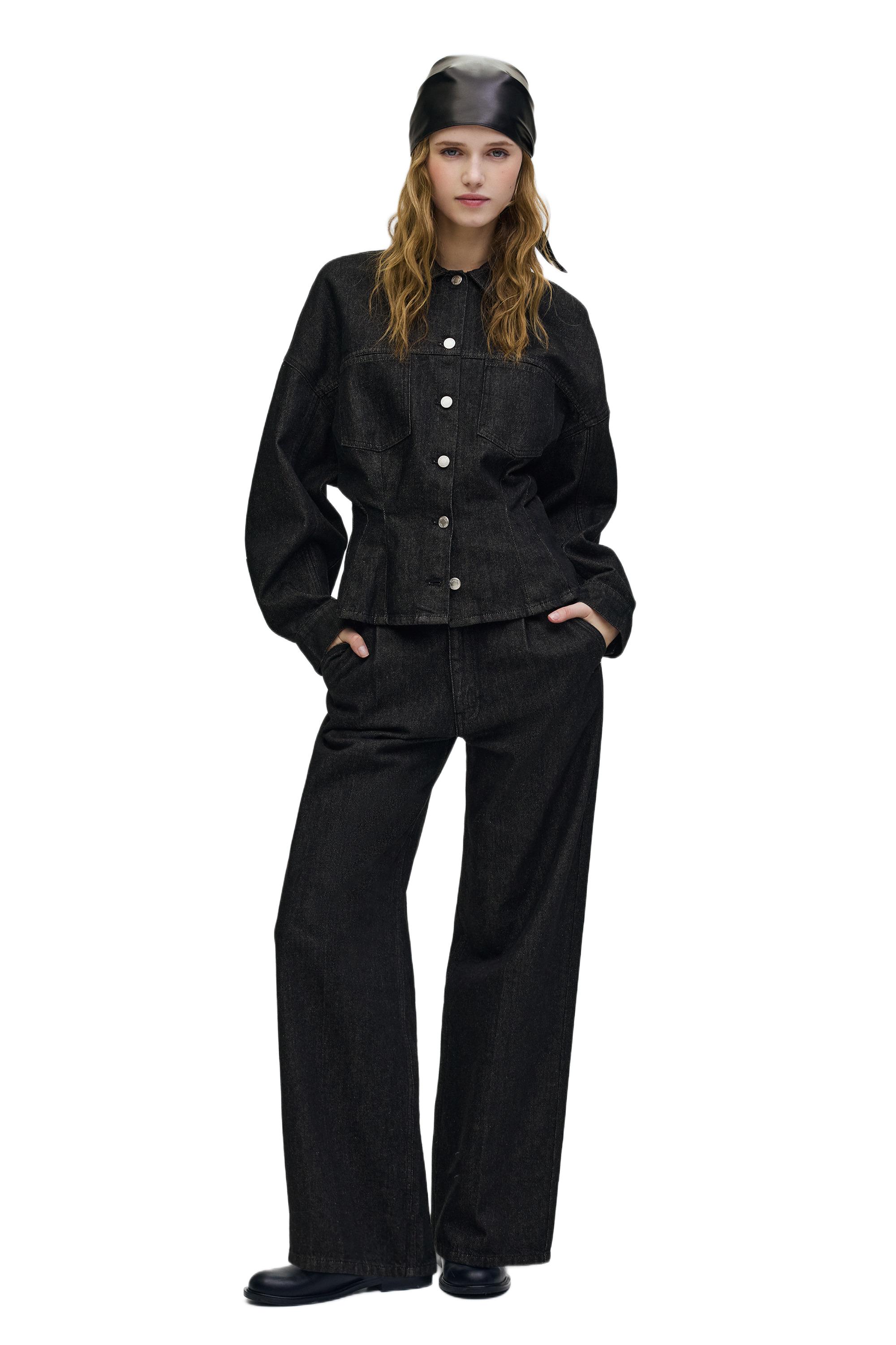 Fitted denim shirt with pleats — Black