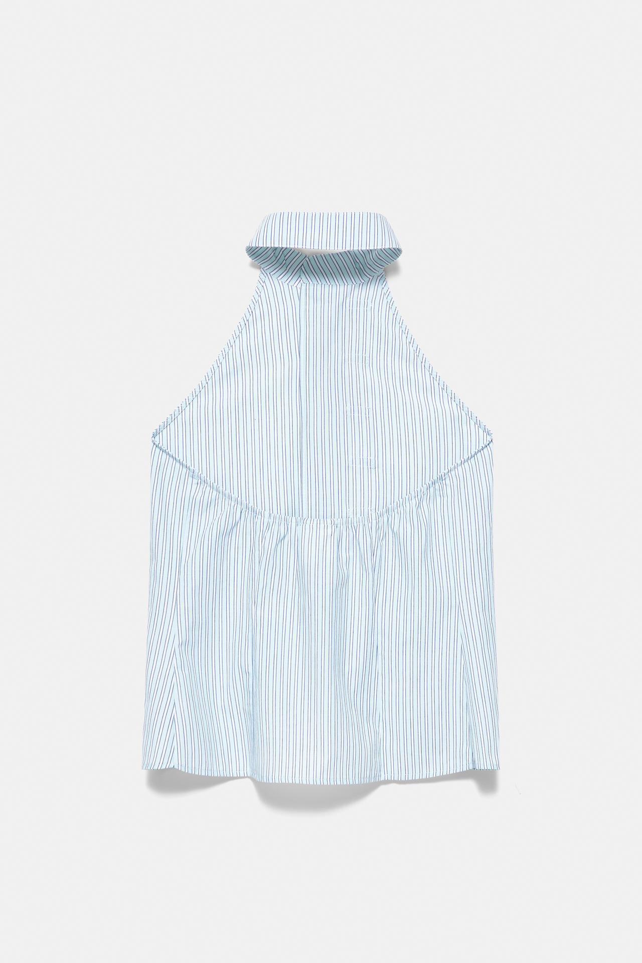Striped halter frog fastening top — Water blue