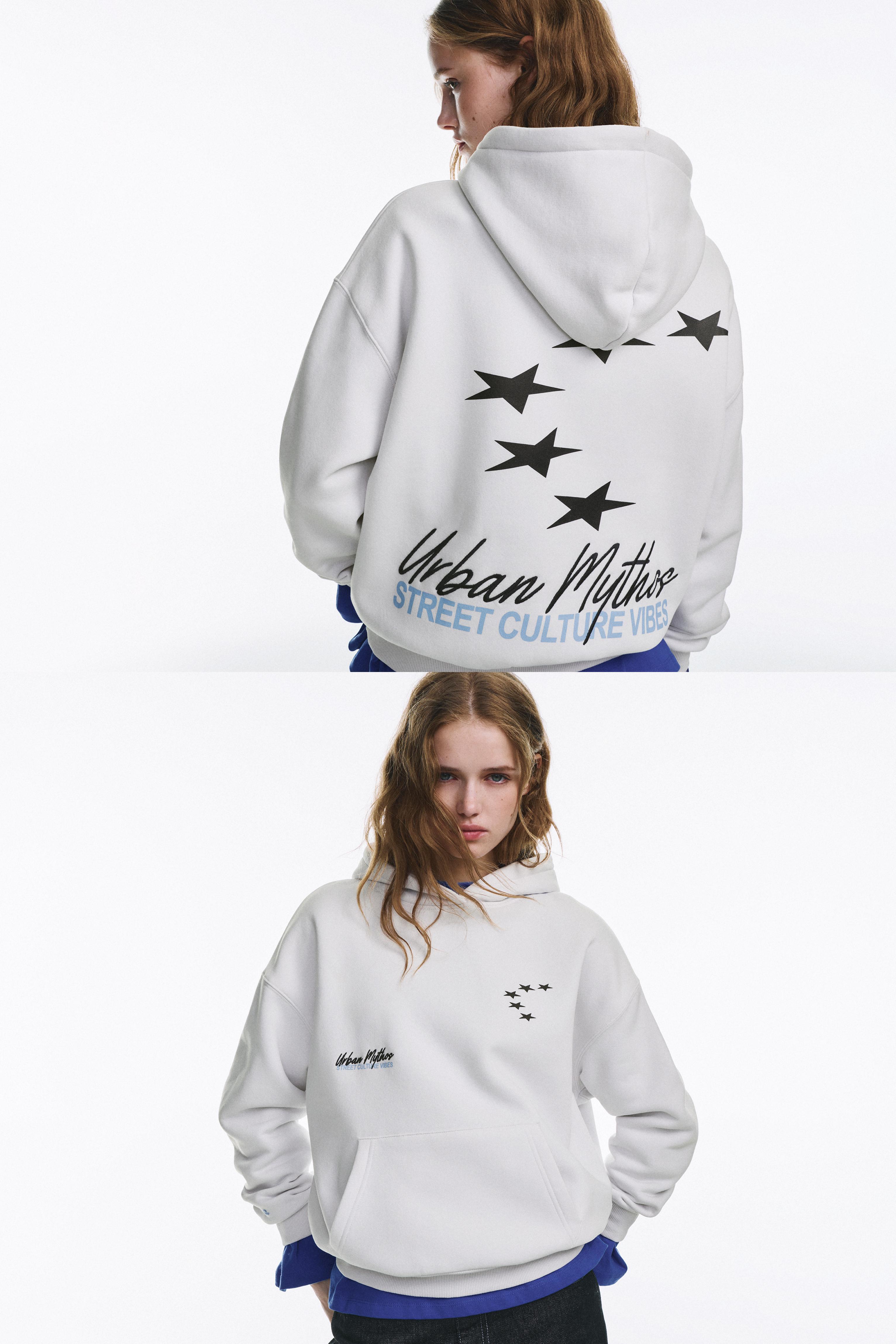 Yazılı yıldız desenli kapüşonlu sweatshirt - Görsel 15
