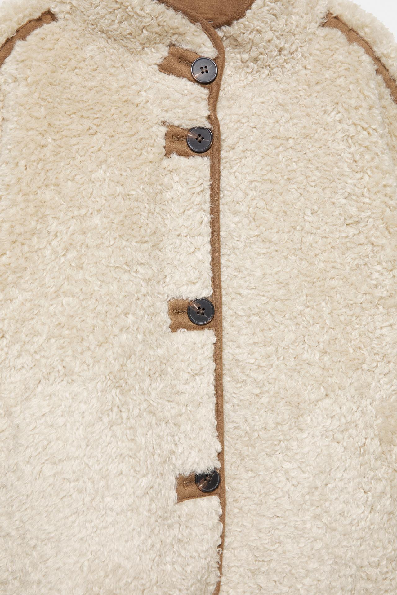 Faux shearling high neck jacket — Ecru