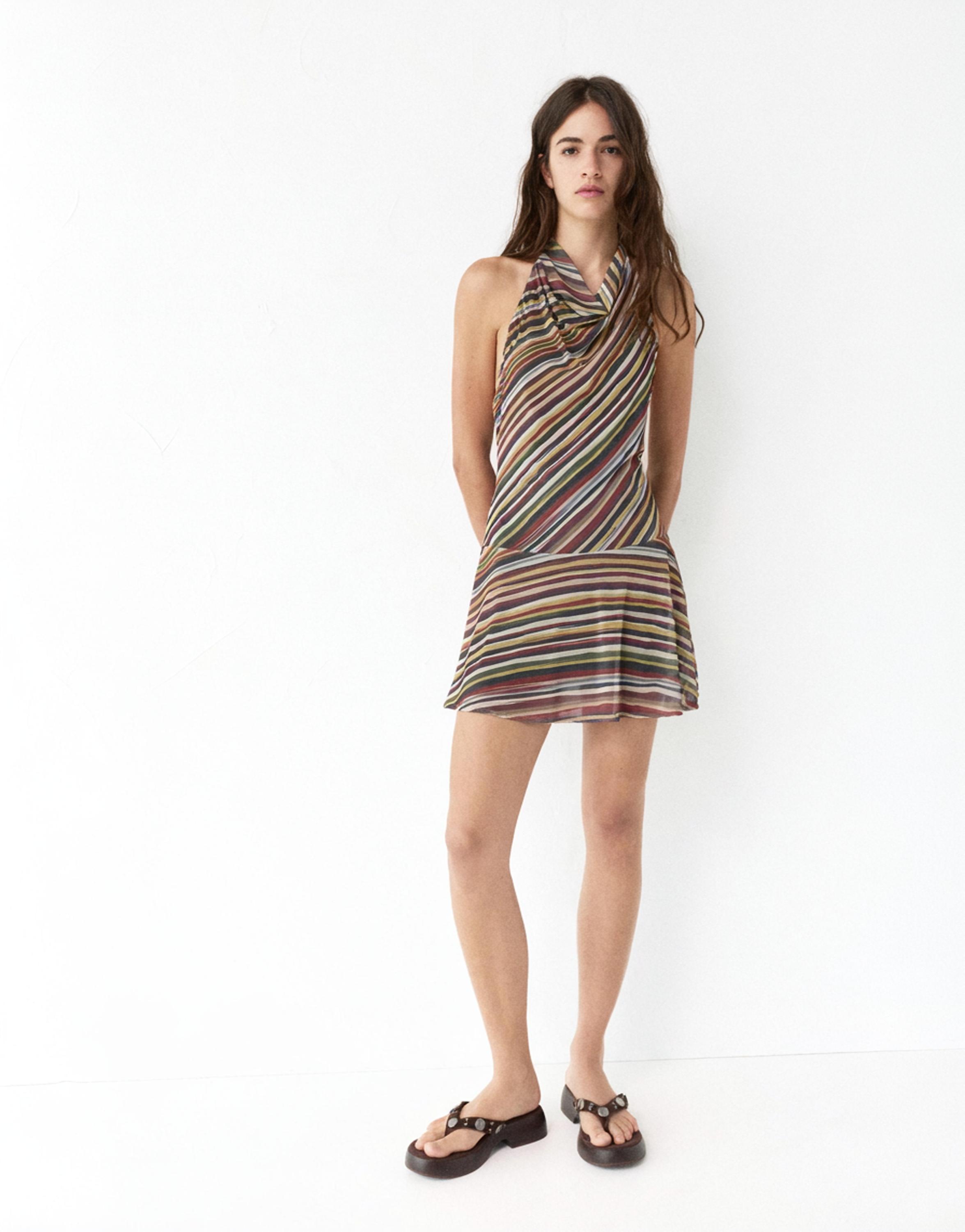 Halter yaka çizgili kısa elbise - Görsel 5