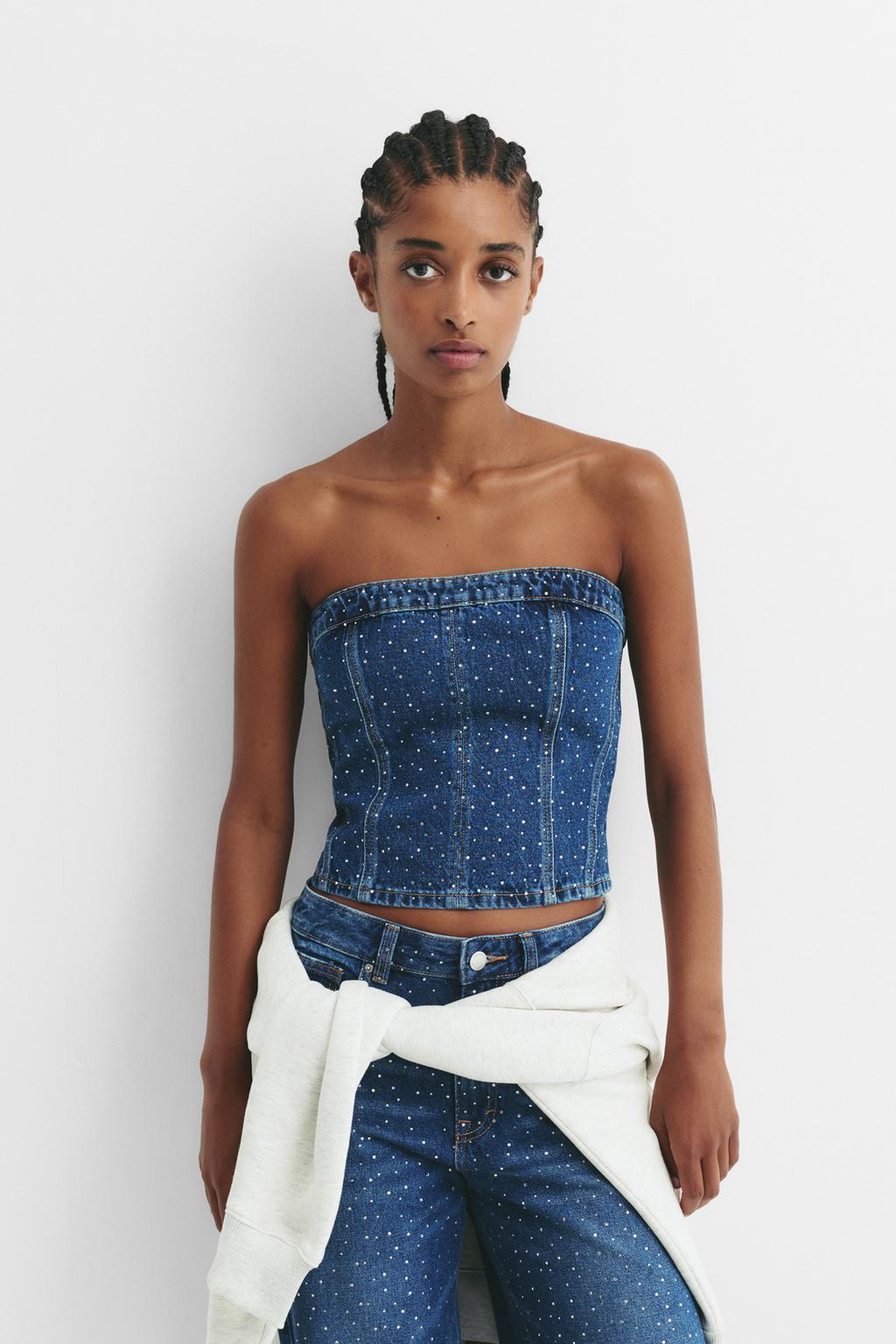 Top denim cu sclipici PULL&BEAR