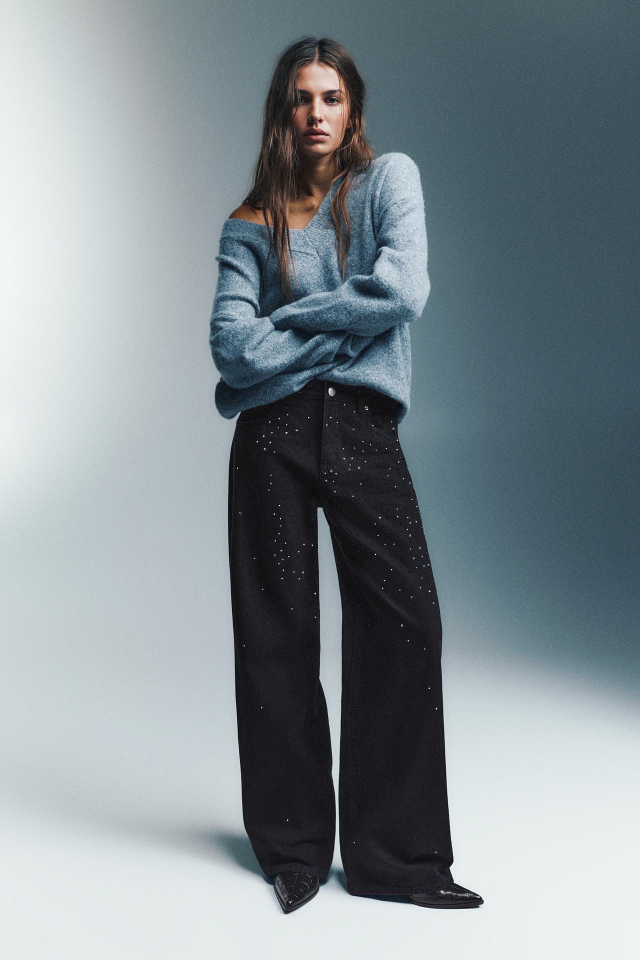 Straight-leg jeans with rhinestones — Black