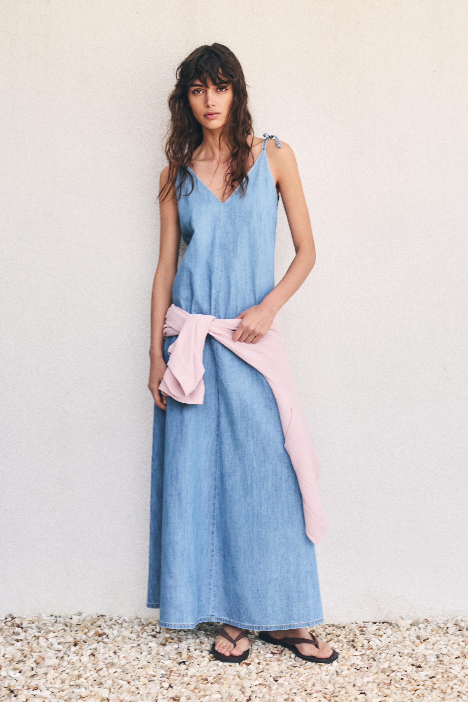 Long denim strappy dress — Pale blue